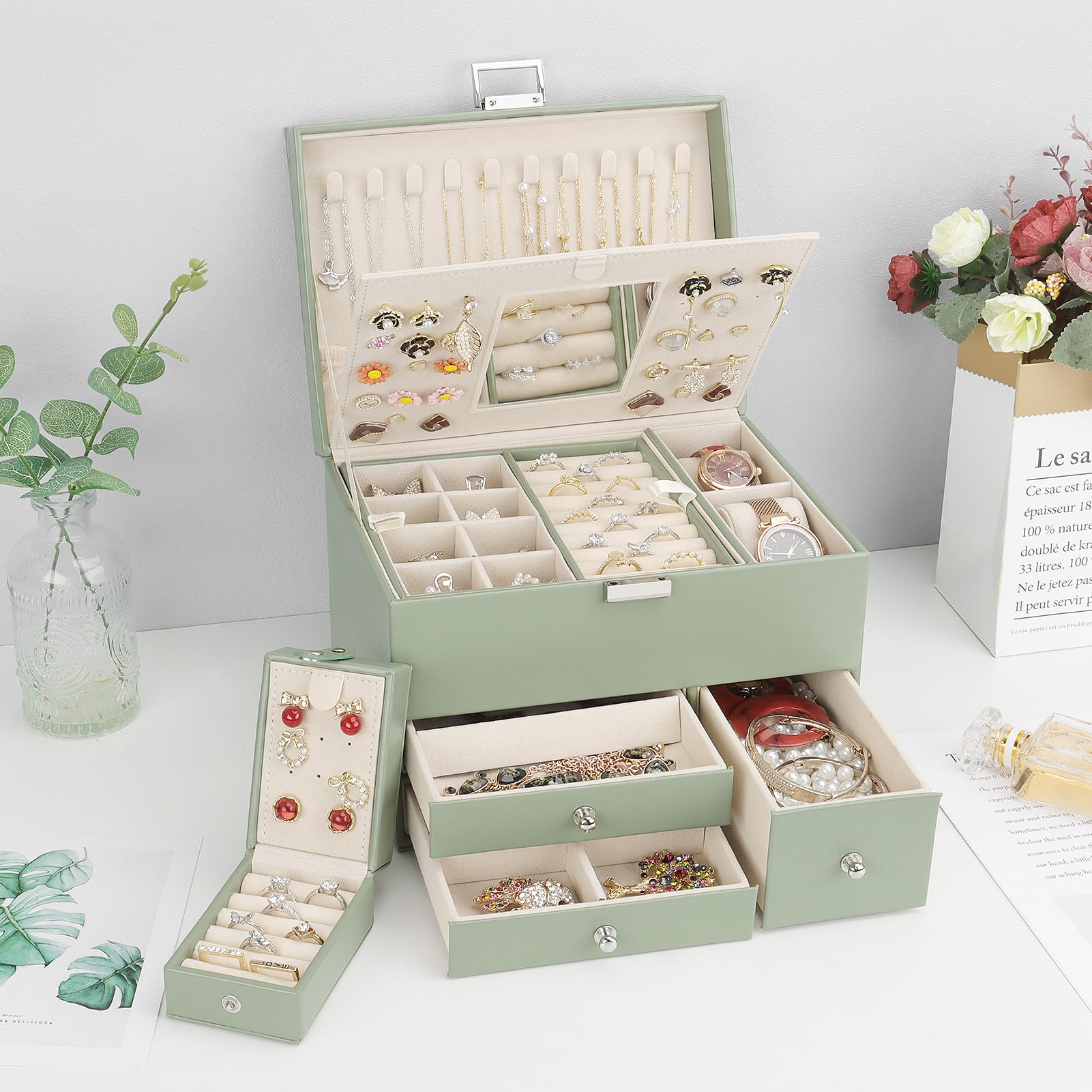 Schmuckkästchen, 3 Ebenen großer PU Leder Reise Schmuckschatulle mit tragbarer Mini-Box für Reisen, Schmuckbox mit Spiegel für Halsketten, Ohrringe, Ringe, Uhren, Avocadogrün