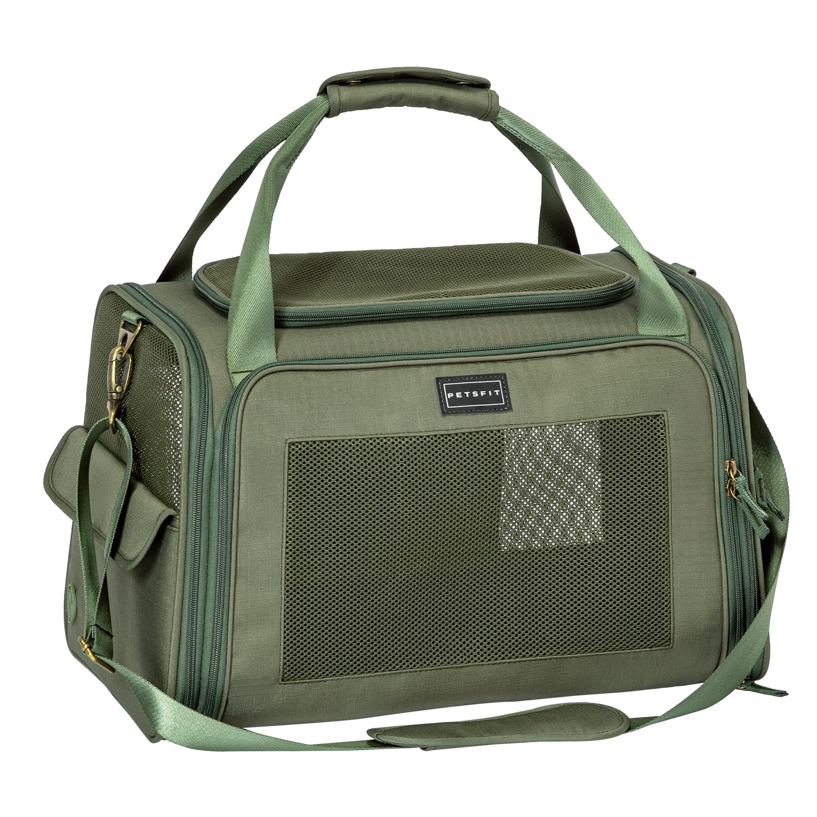 Petsfit Transportbox Hund Katze Faltbar Hundetasche für kleine Hunde Katzen Tragetasche mit verstellbarem Schultergurt & weiches expandierbare Kissen, M/Olivgrün
