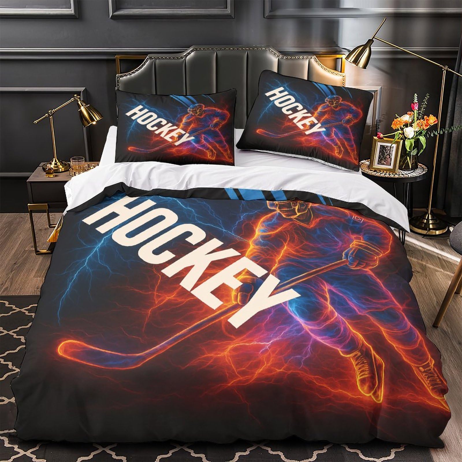 Parure de lit hockey 140x200cm avec housse de couette en microfibre pour lit simple