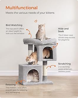 Feandrea Cat Tree, 26.4-Inch Cat Tower, S, Cat Condo for Kittens up to 7 lb, Large Cat Perch, 2 Cat Caves, Scratching Post, Light Gray UPCT611W01