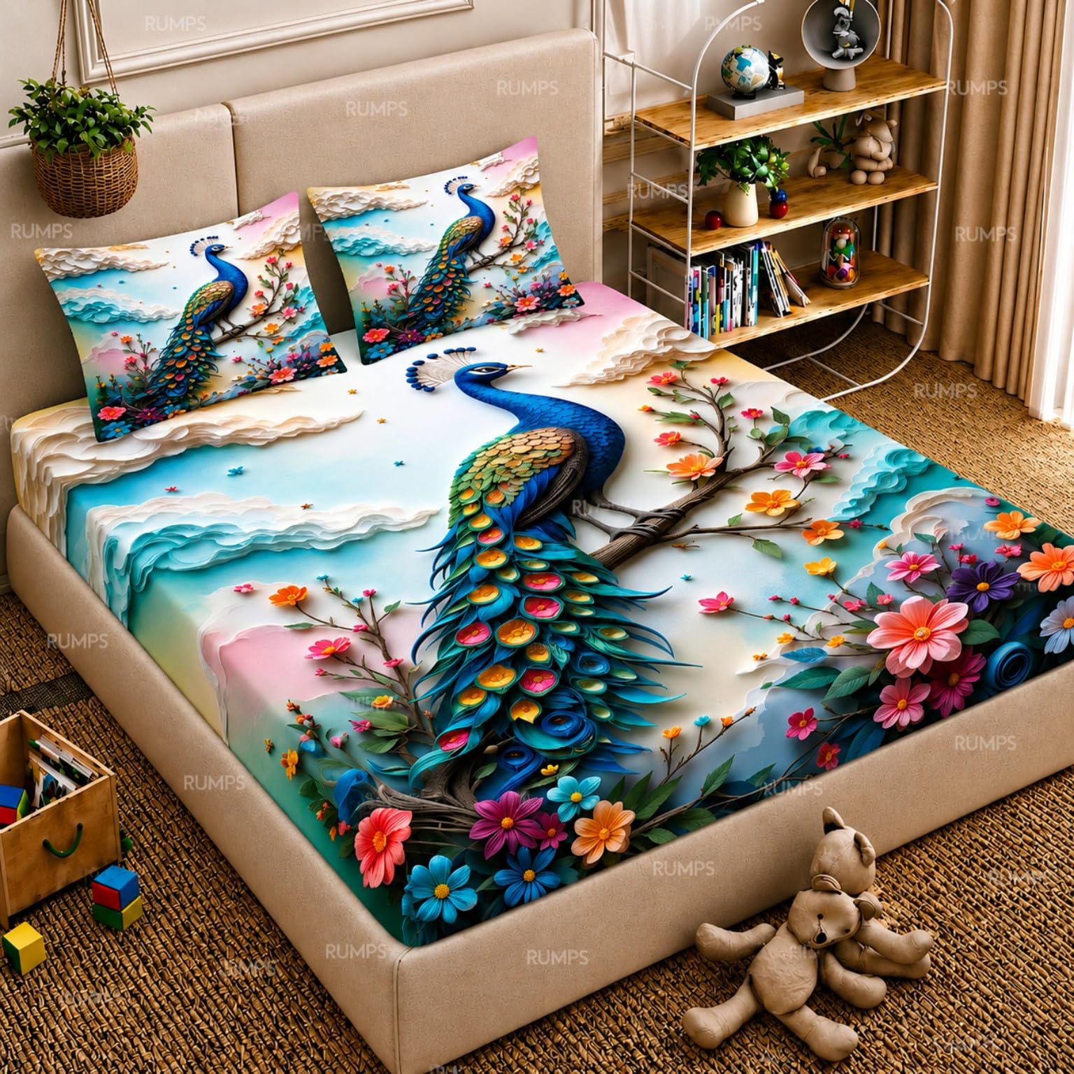 RUMPS 7D HD Digital Printed Peacock King Size Bedsheet with 2 Pillow Covers | Premium Floral Peacock Designer Bedding Set | Luxury Bedroom Décor Collection | Size 90x100 Inches