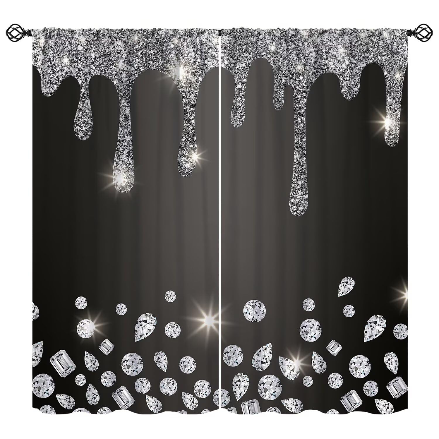 Glitter Diamond Grey Curtain Sparkle Shimmer Bling Sparkly Window Treatments Luxury Gray Silver Shiny Drip Modern Window Drapes (No Glitter) for Bedroom Living Room Home W63xL63in