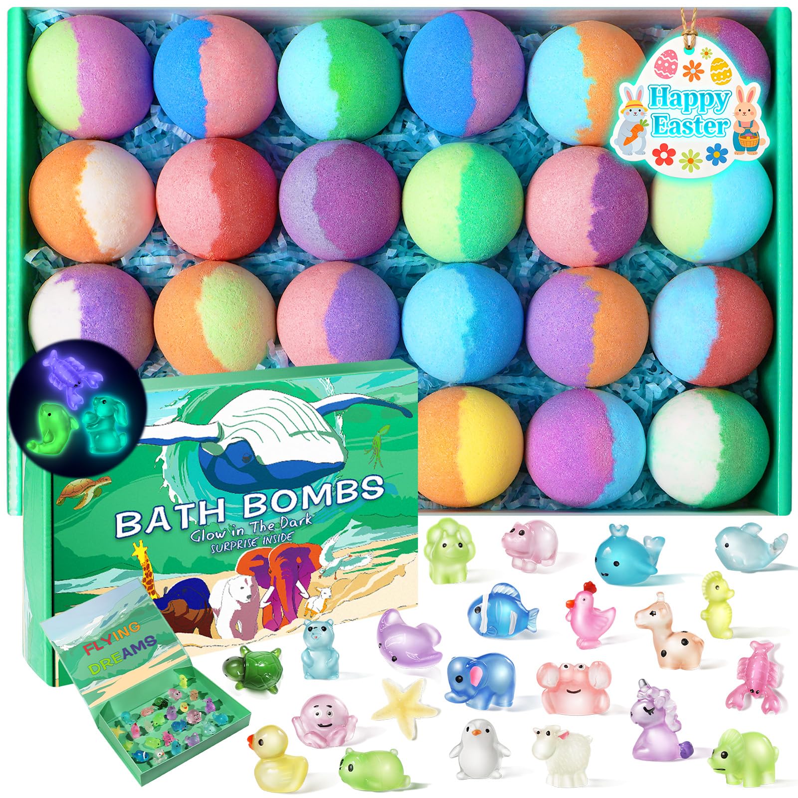 Bath Bombs for Kids with Toys Inside - 24 Pack Kid Bath Bombs with Glow in The Dark Surprise Toys Inside, Easter Gifts for Kids Girls Boys, Easter Basket Stuffers, Organic Bubble Bath Fizzy