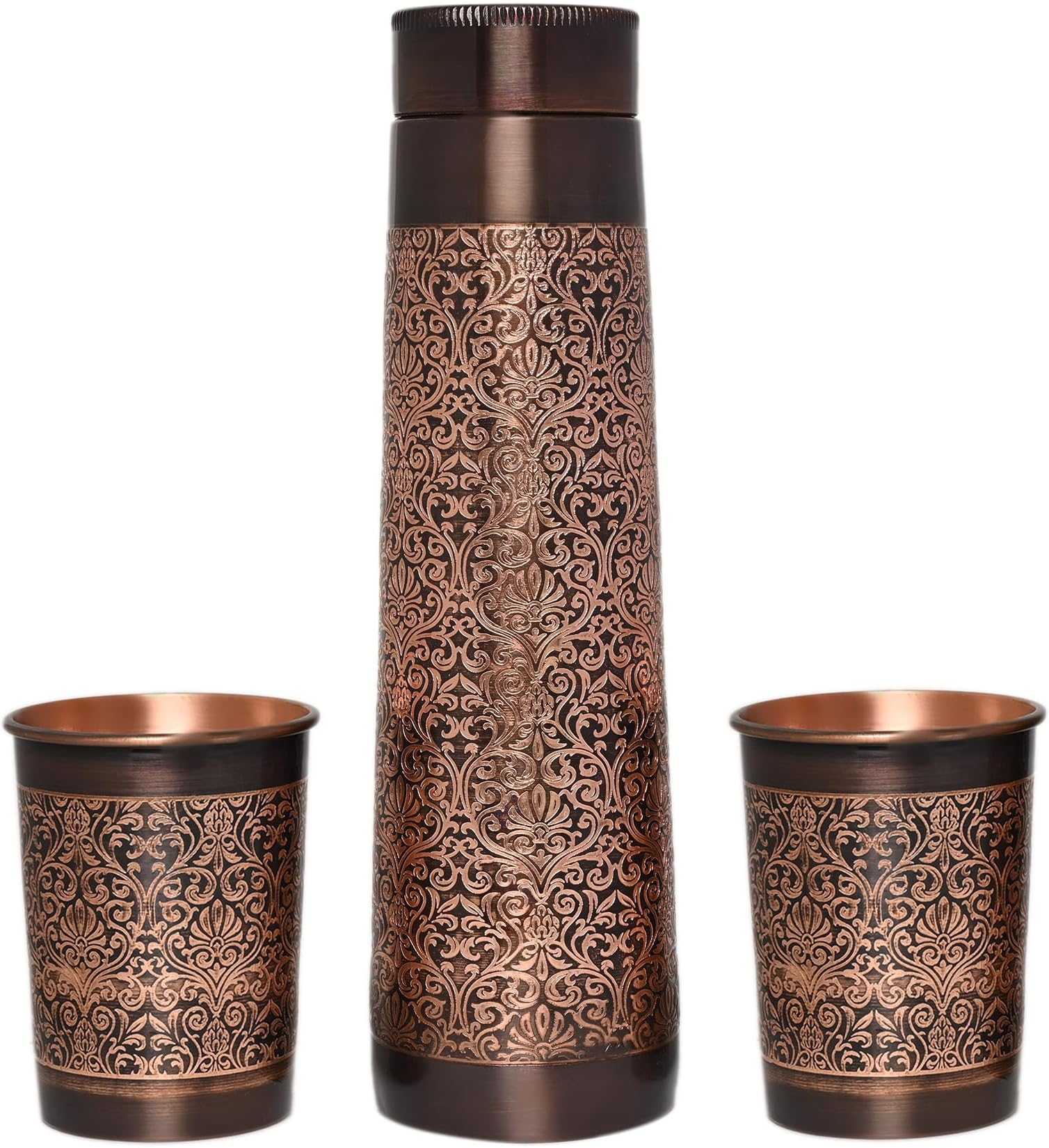 Pure Copper Water Bottle with 2 Tumblers Set, Beautiful Floral Pattern Light House Shape For Ayurveda Health Benefits