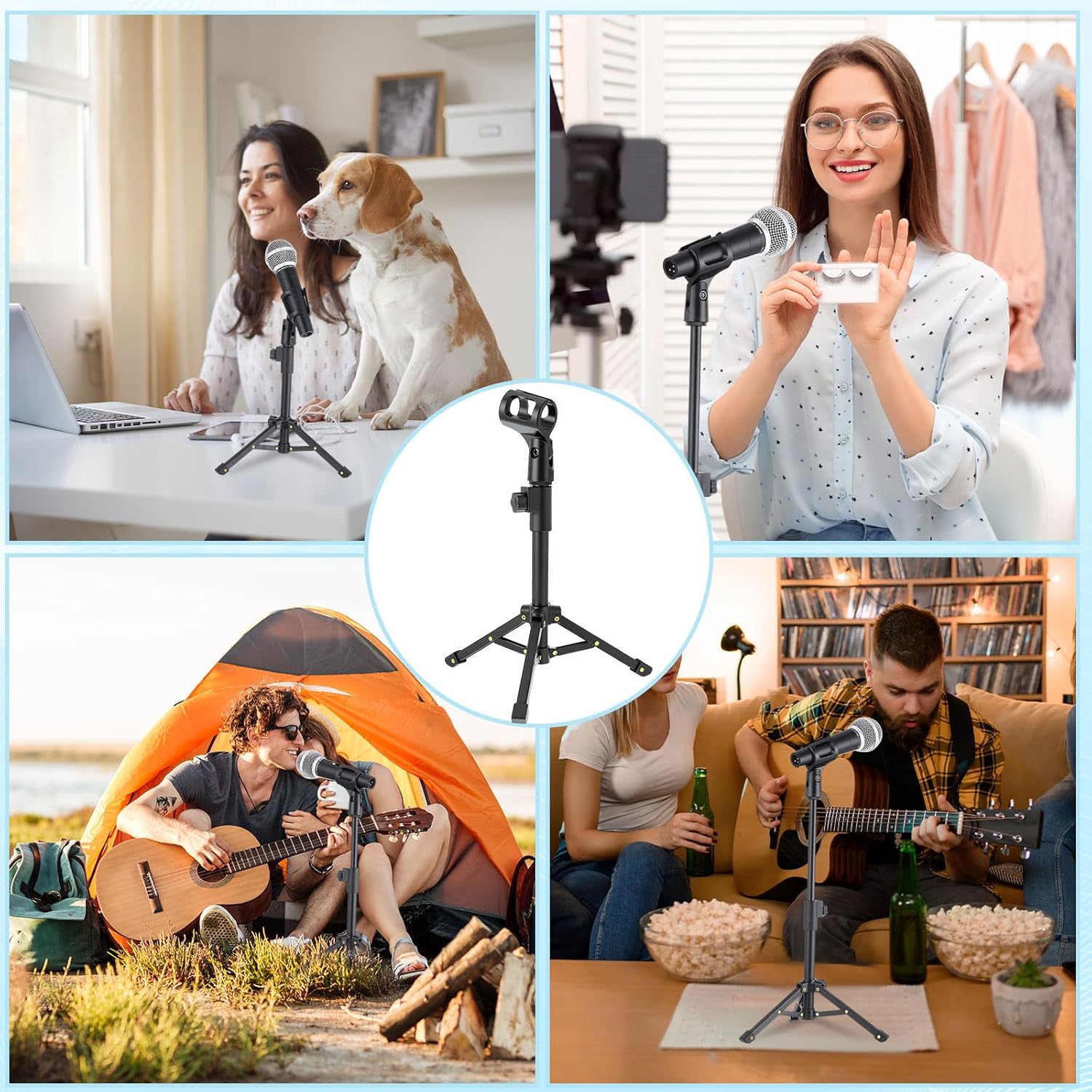 4 Set Desktop Mic Stand Portable Foldable Adjustable Tabletop Microphone Stand Microphone Tripod with Mic Clip, Storage Bag and 5/8" Male to 3/8" Female Screw(Stylish,10.63''-15.35'')
