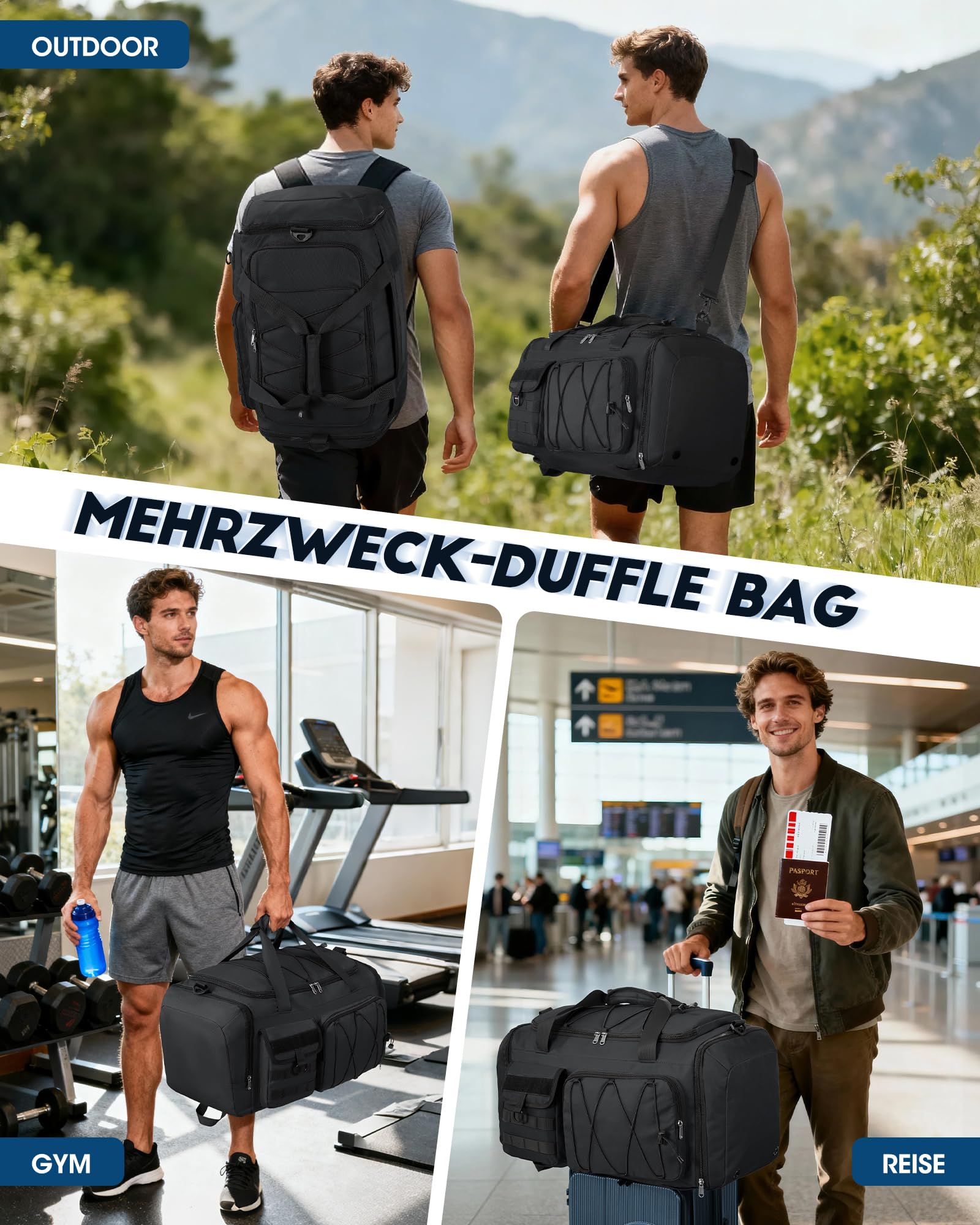 RAINSMORE 45L Sporttasche Herren Damen, 3-IN-1 Reisetasche mit Schuhfach Nassfach, Wasserdicht Gym Duffle Bag Trainingstasche für Outdoor, Fitness, Reisen Schwarz