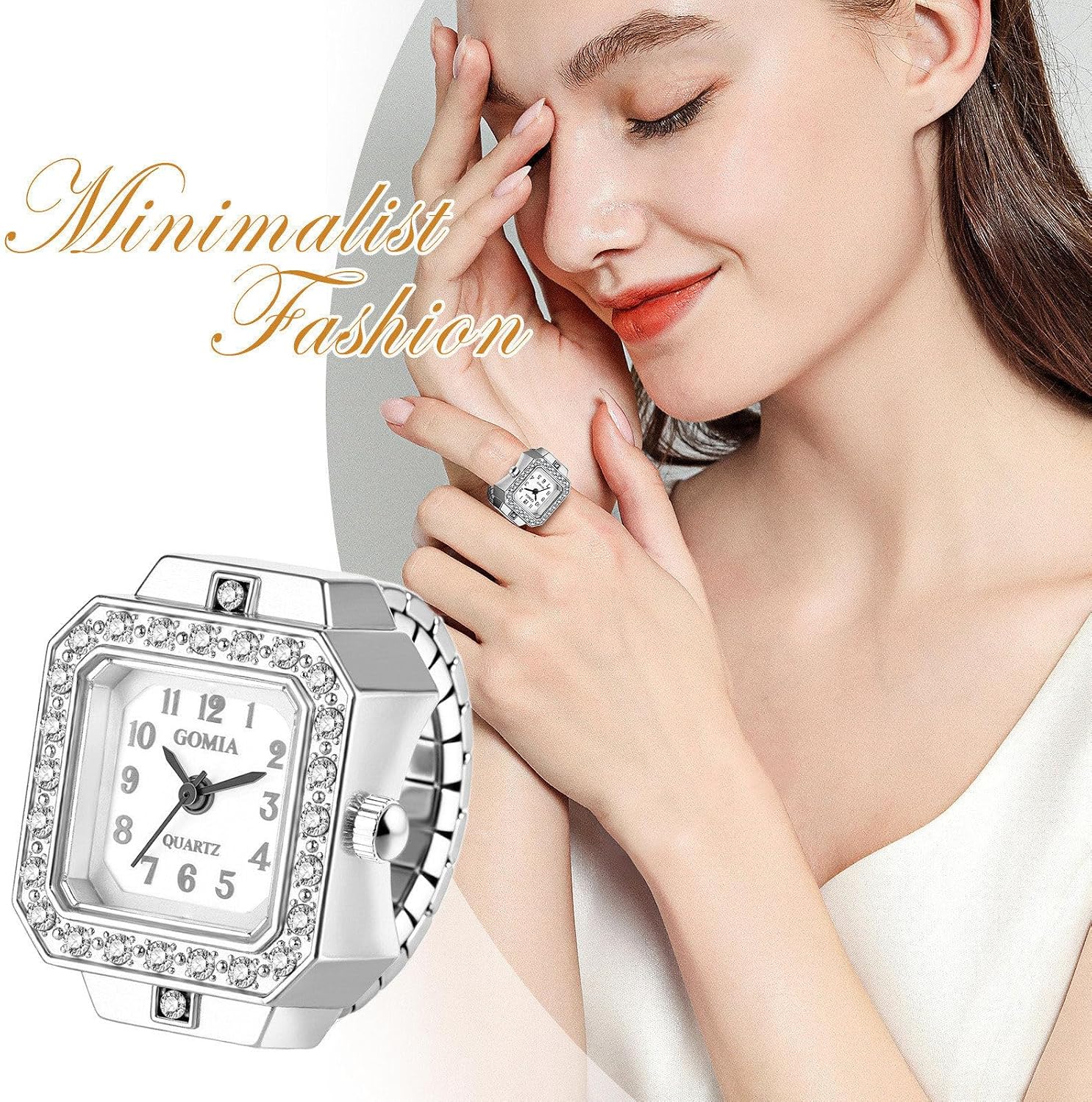 JewelryWe Womens Square Ring Watch: Adjustable Stainless Steel Stretch Band Sparkling Diamond Case 3 Sub-dials Quartz Analog Finger Watches for Daily and Office