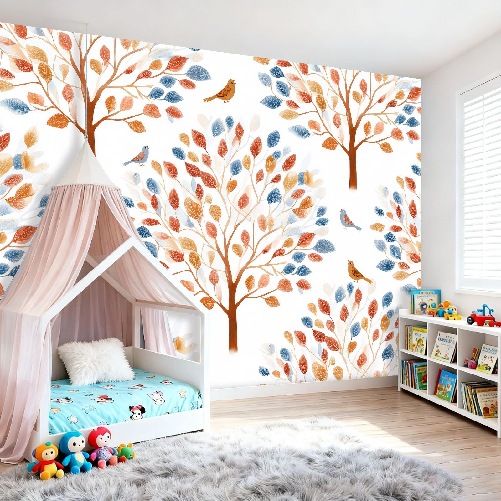 Tapeta ścienna Akwarela Drzewa Natura Ptaki na ścianę, Dekoracja domu Salon Sypialnia, Brązowy Pomarańczowy Druk HD, Artystyczny Design, Pokrycie ścienne, 400 x 280 cm