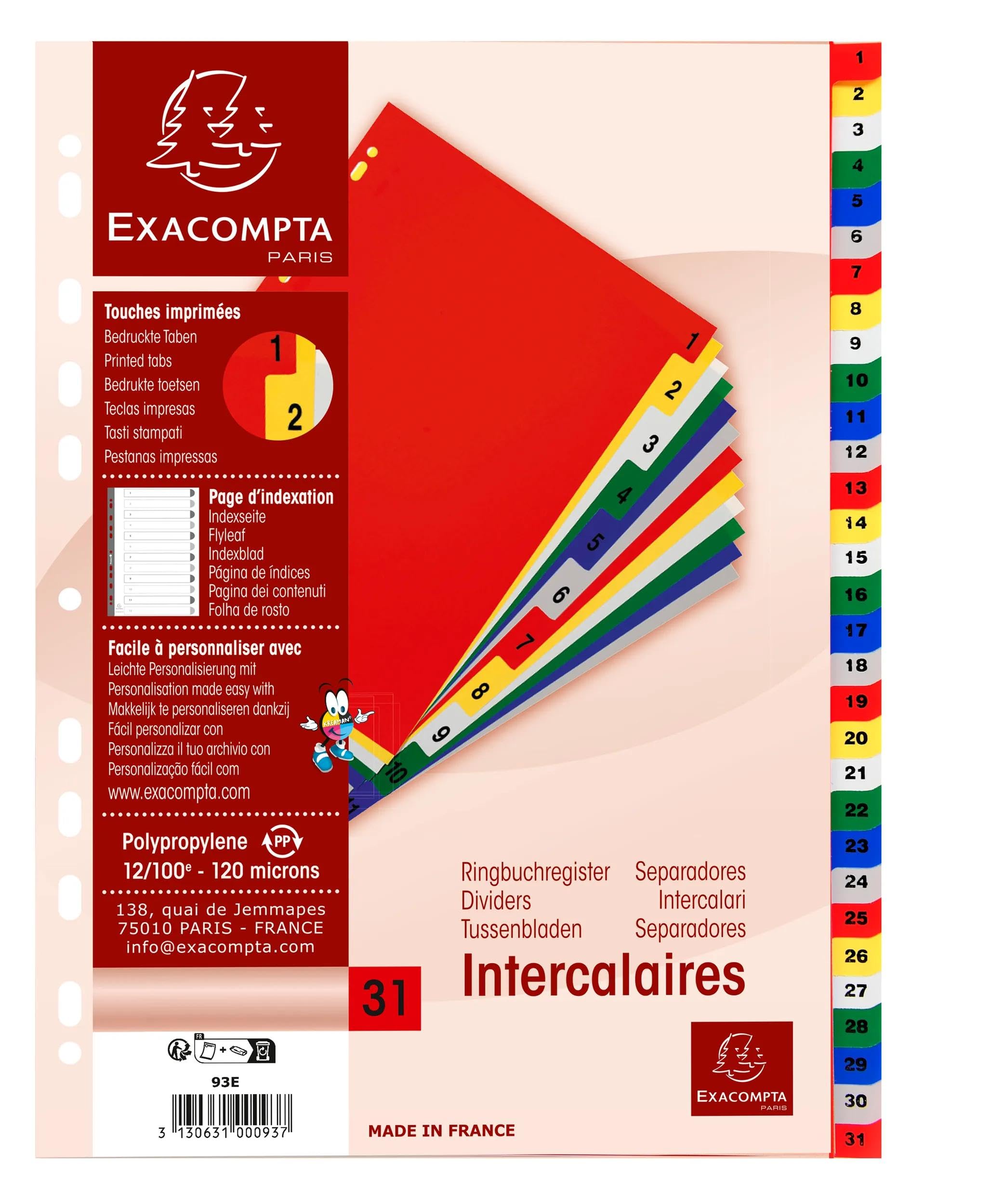 Exacompta - Art.-Nr. 93E – Karton mit 20 Registern aus Polypropylen mit 31 digital bedruckten Registern von 1 bis 31 in Farbe – Indexierseite – Format A4 – 22,5 x 29,7 cm