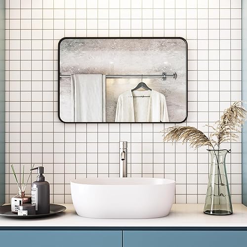 Miniatura 3 de SUPPNEED Espejo de pared negro de 20 x 30 pulgadas para baño, rectangular montado en la pared, espejos de tocador con marco de metal y borde