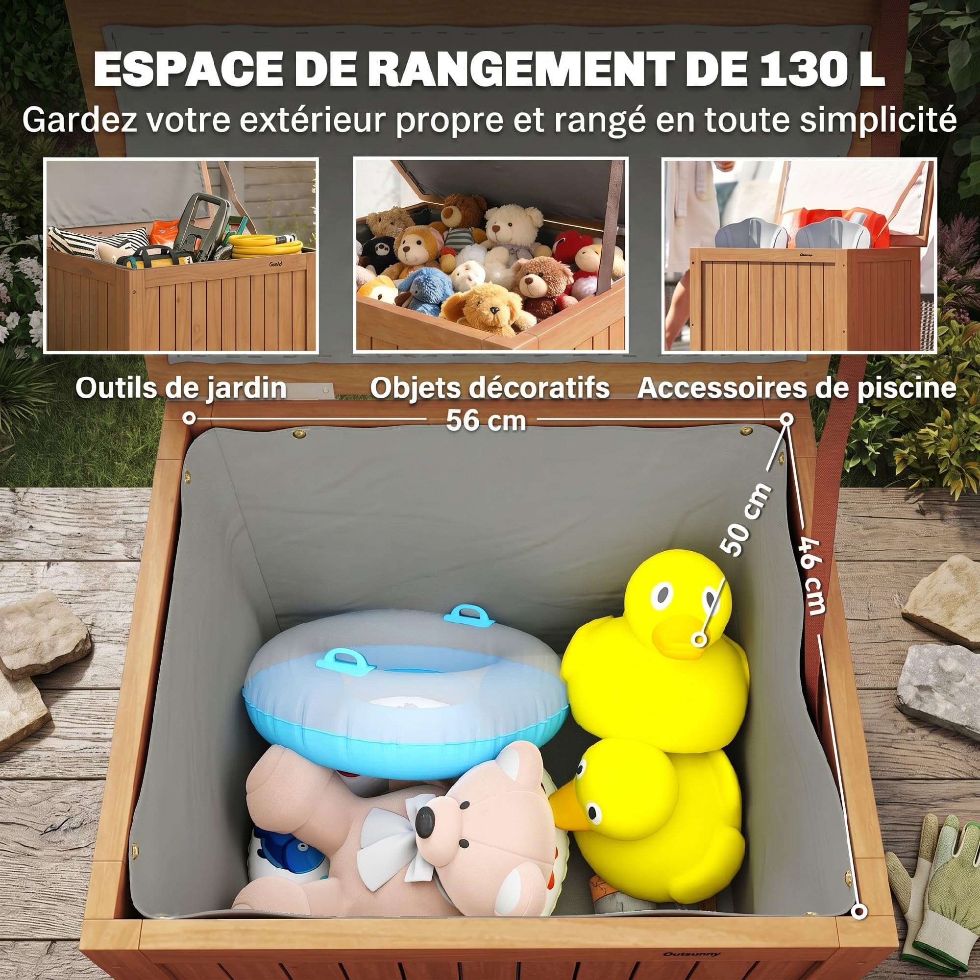 Outsunny Coffre de Rangement en Bois Massif 130L Balcon 63x51x58,5cm Brun