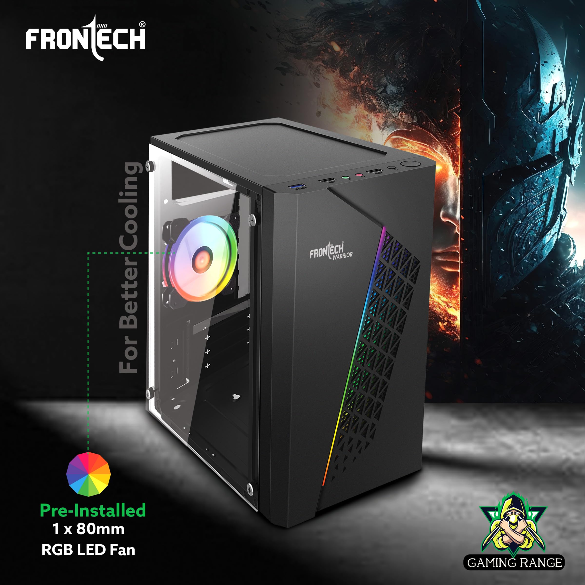 FRONTECH Gaming Computer Cabinet/Gaming Computer Case Warrior with 1 x 80 mm LED Fan and Acrylic Side Glass Panel, 2XUSB 1.0, 1XUSB 3.0, Front Audio (FT-4345) — Amazon image 5