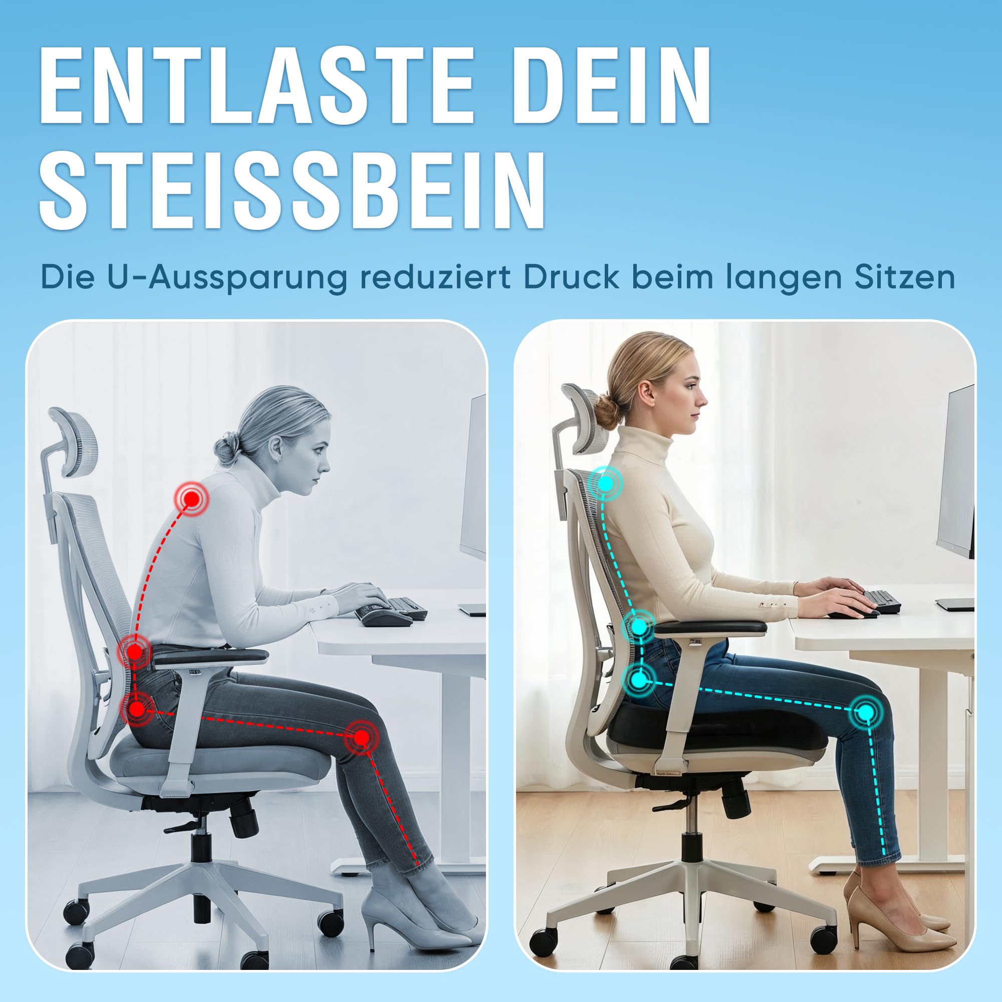 Healthfix Orthopädisches Sitzkissen Bürostuhl, Steißbein Entlastung mit Honeycomb-Layer und Veloursbezug, ergonomisches Sitzkissen für Büro Auto Zuhause, 45 x 36 x 7 cm (Schwarz)