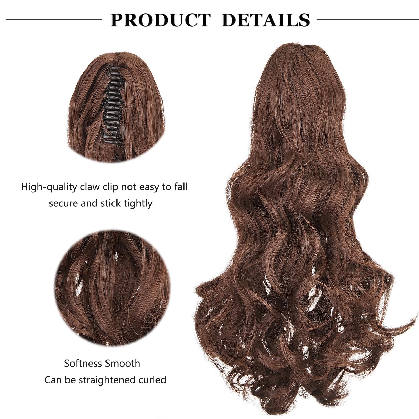 Cybelleza Ponytail Extension Curly Wavy Claw Jaw Pony Tail 18" One Piece Clip in Hair Extensions Ponytail Hairpiece Synthetic Long Natural for Women Dark Brown & Dark Auburn - Image 2
