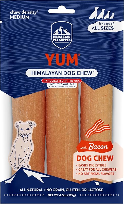 Petisco mastigável de queijo Yak para cães com sabor bacon Himalayan Dog Chew, densidade média, Pacote com 3