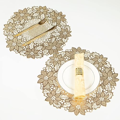 Miniatura 10 de Crisjanggo Juego de 6 manteles individuales metálicos redondos de hojas doradas, antideslizantes, lavables, para cena, fiesta, boda, centro de mesa