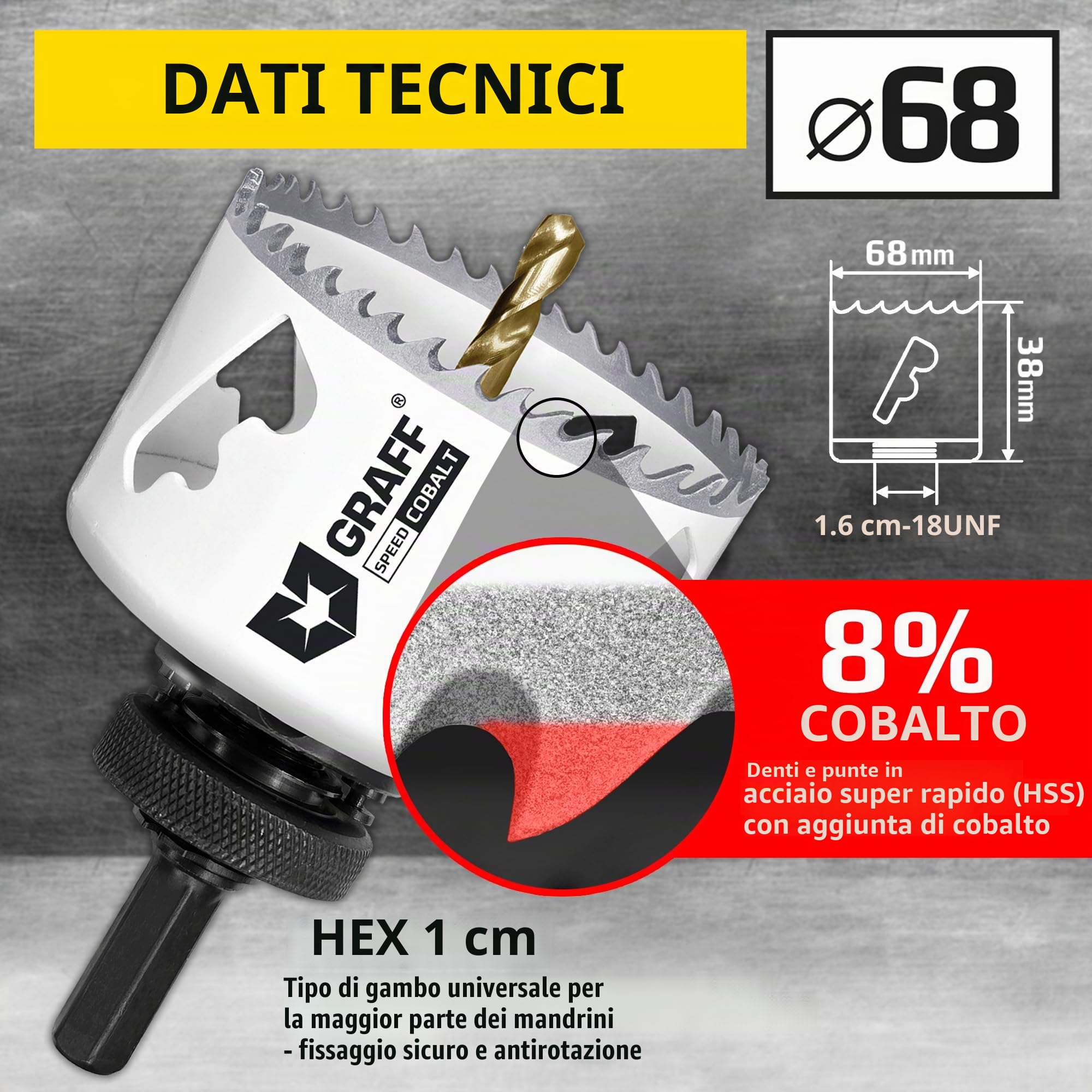 Sega A Tazza Trapano Bi-Metallica 68mm - Fresa a Tazza 8% cobalto (con Adattatore Esagonale e Punta di Centraggio) - Sega a Tazza per Legno Muro Cartongesso Metallo Acciaio Inossidabile GRAFF
