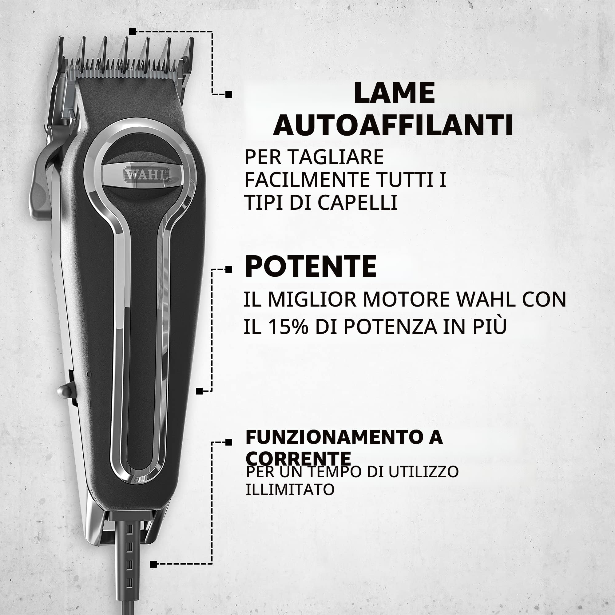 WAHL Tagliacapelli per uomo con lame autoaffilanti di precisione, rasoio per capelli Elite Pro, tagliacapelli da uomo, pettini guida Premium ad aggancio sicuro, professionale, con cavo