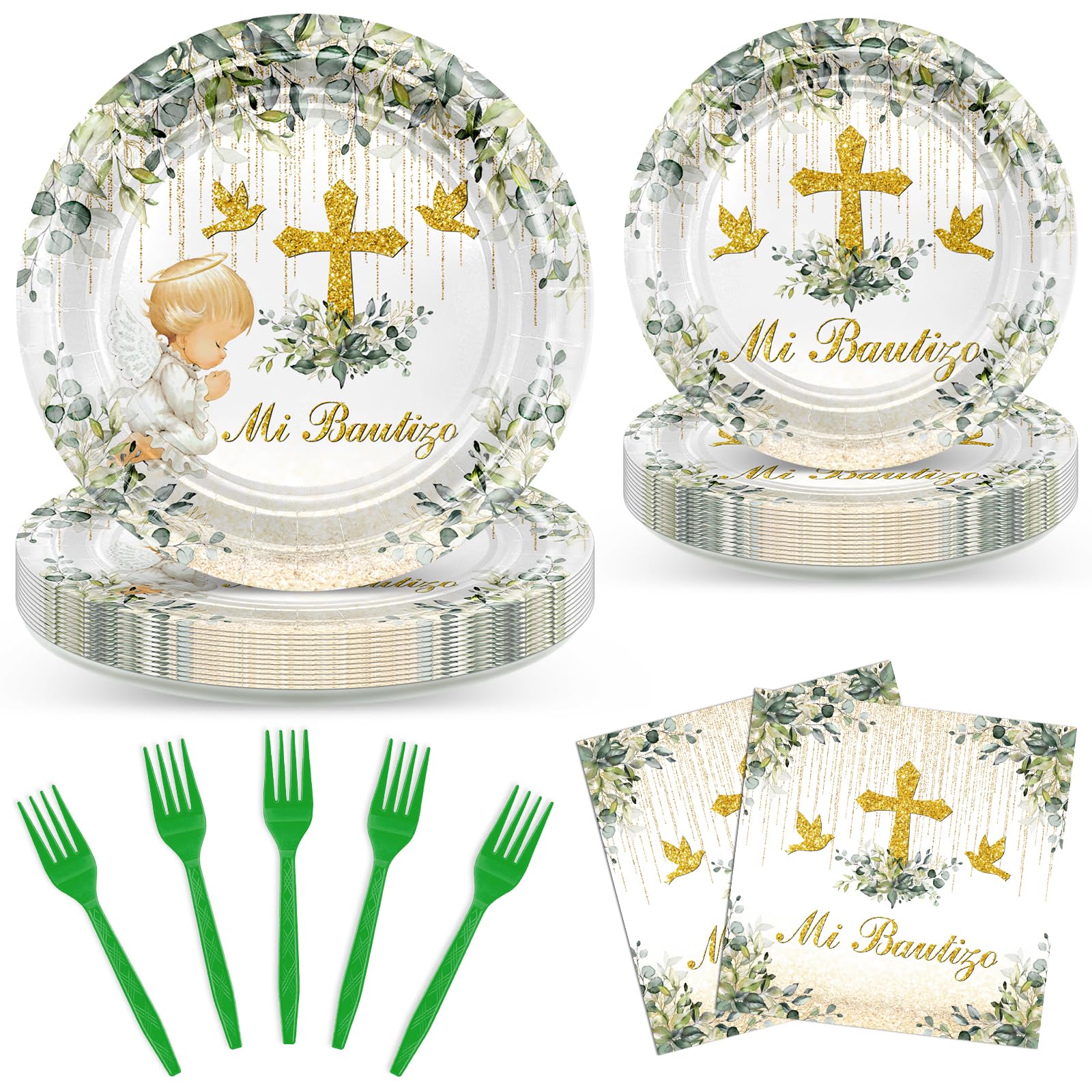 Avezano 96 PCS Baptism Decorations Greenery Mi Bautizo Plates Napkins Forks Tableware Neutral Christening Newborn Baby Shower Supplies, Serves 24