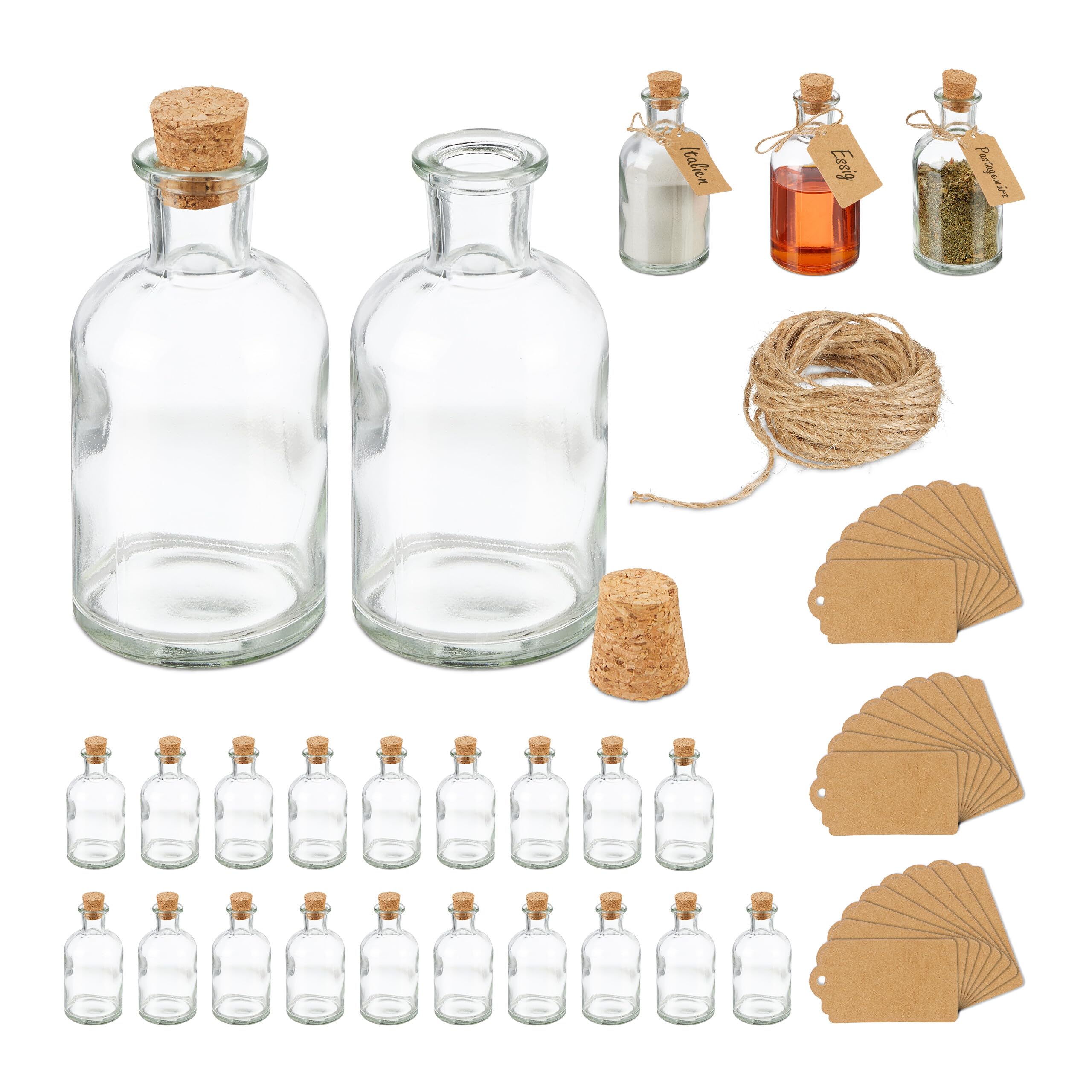 Relaxdays Decorative Bottles, Set of 24, Jars with Cork, 60 ml, for Filling, Spice Glasses, Transparent/Natural, 11.5 x 6 x 6 cm