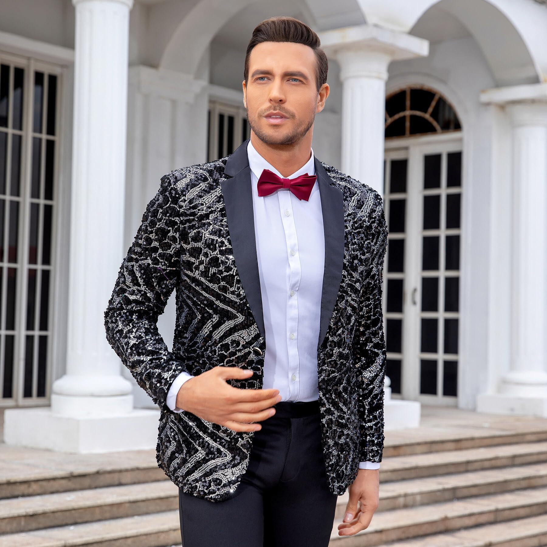 Allthemen Blazer Homme à Paillettes Casual Veste de Smoking Slim Fit Dorés pour Soirée