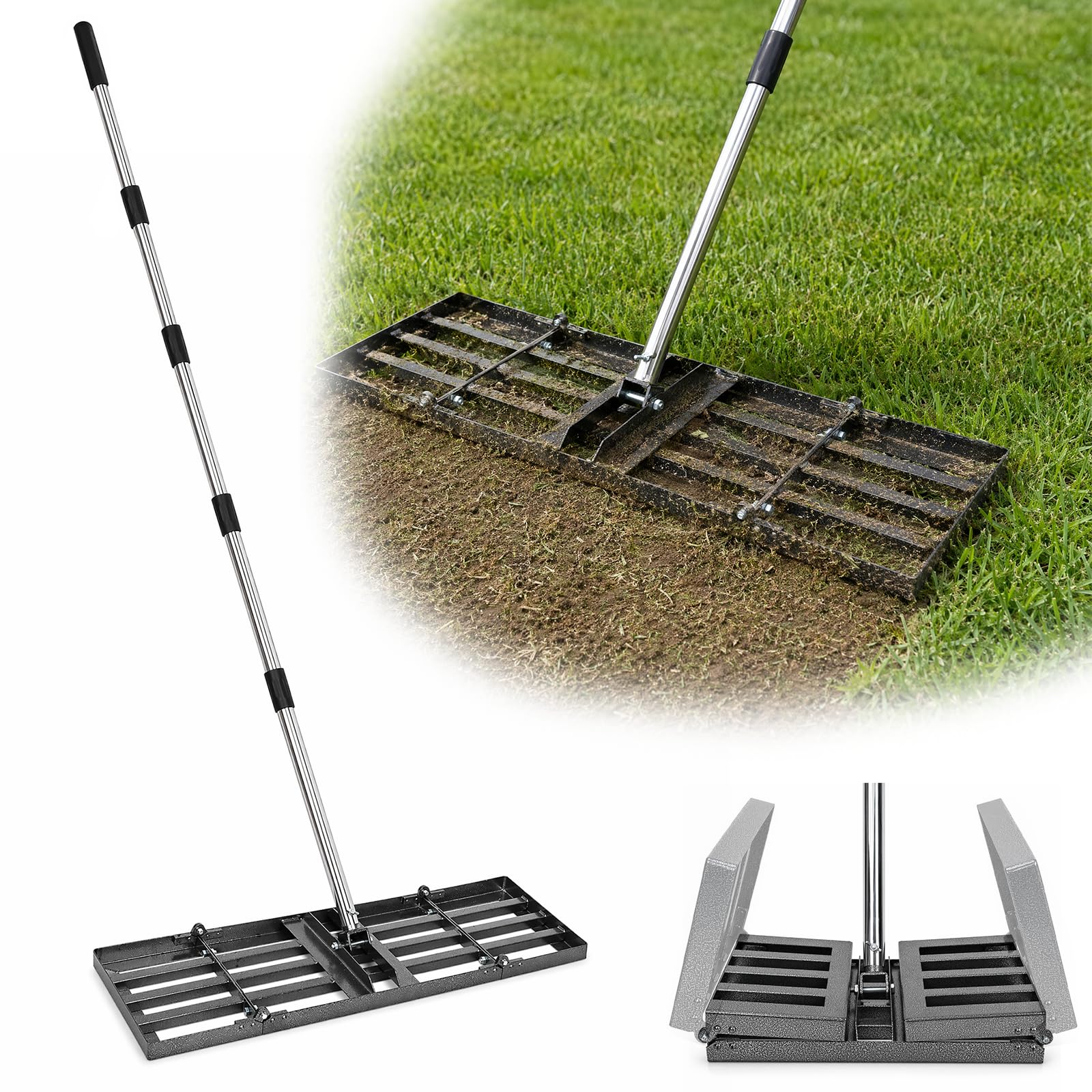 Rastrillo Nivelador Tierra Plegable para Cesped, 76x25cm | Mango de Acero Inoxidable Ajustable 87-200cm, Herramientas de Nivelación Jardin para Alisado de Arena, Grava y Suelo