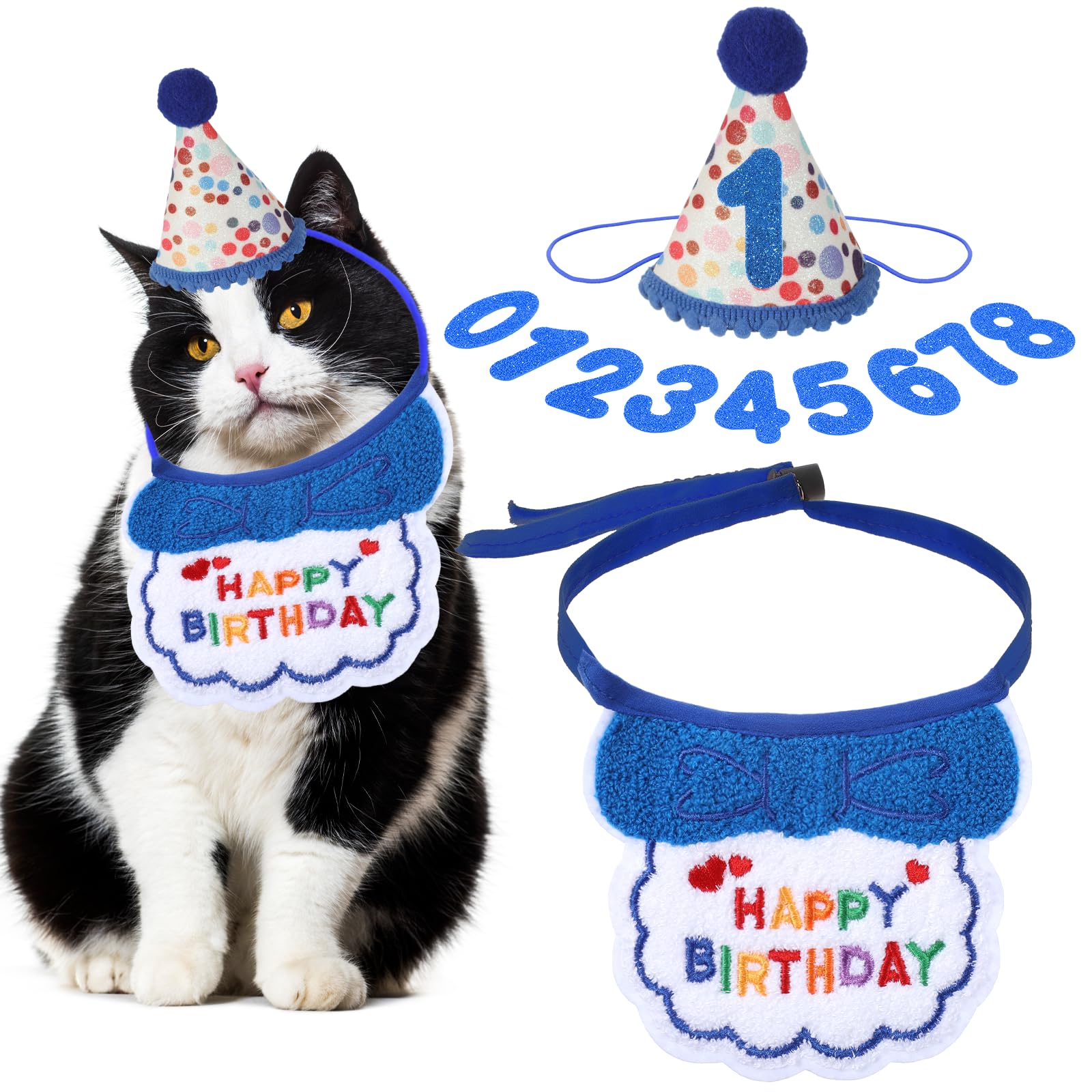 DOPENSPI Cat Birthday Party Supplies, Blue Cat Birthday Hat with Number and Collar Cute Kitten Bandana Party Decorations Outfits for 0-8 years Kitten