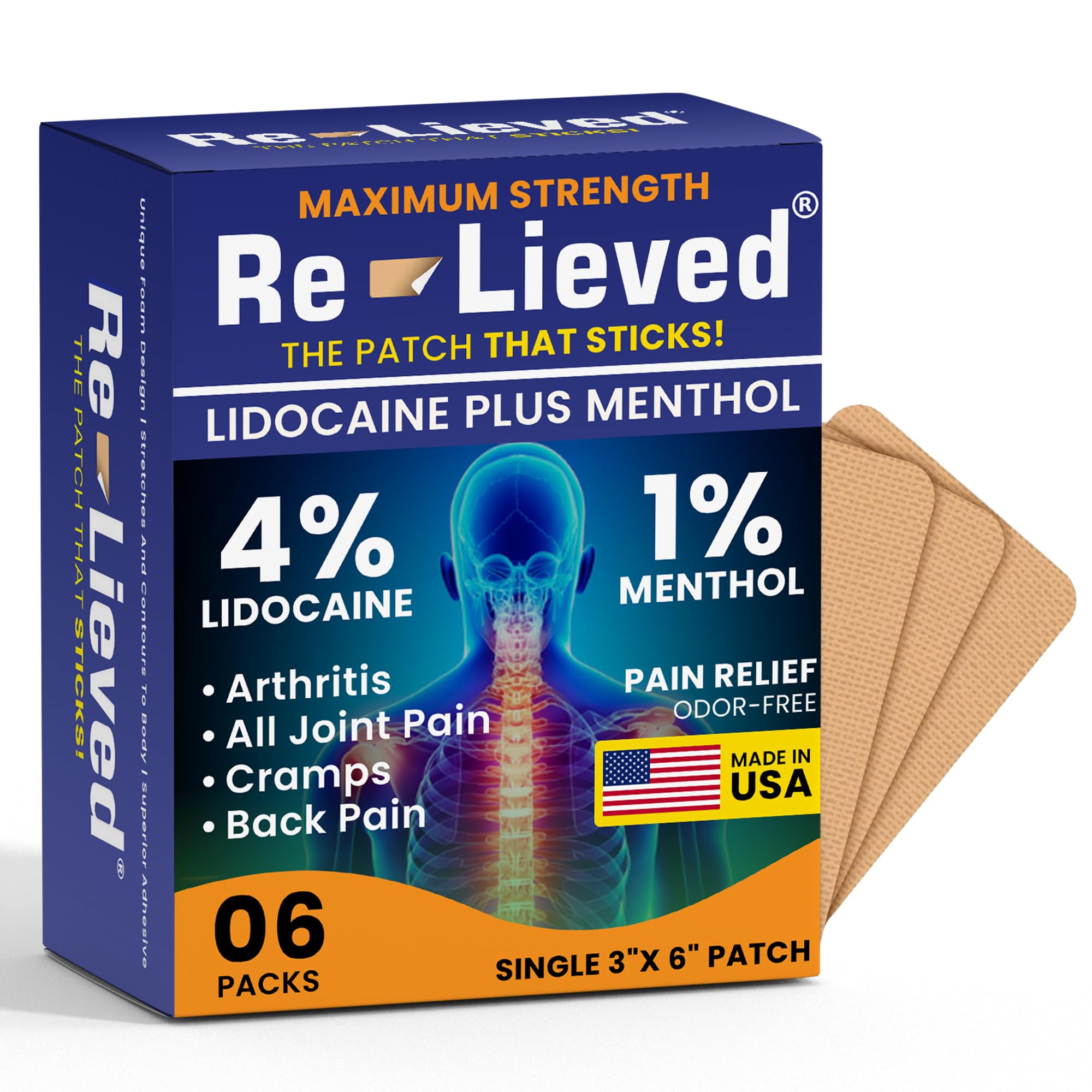 Re-lieved 4% Lidocaine Patches with Menthol - Maximum Strength Pain Relief for Back, Knee & Muscle Pain - Fast-Acting Medicated Patches - Made in USA - 6 Count