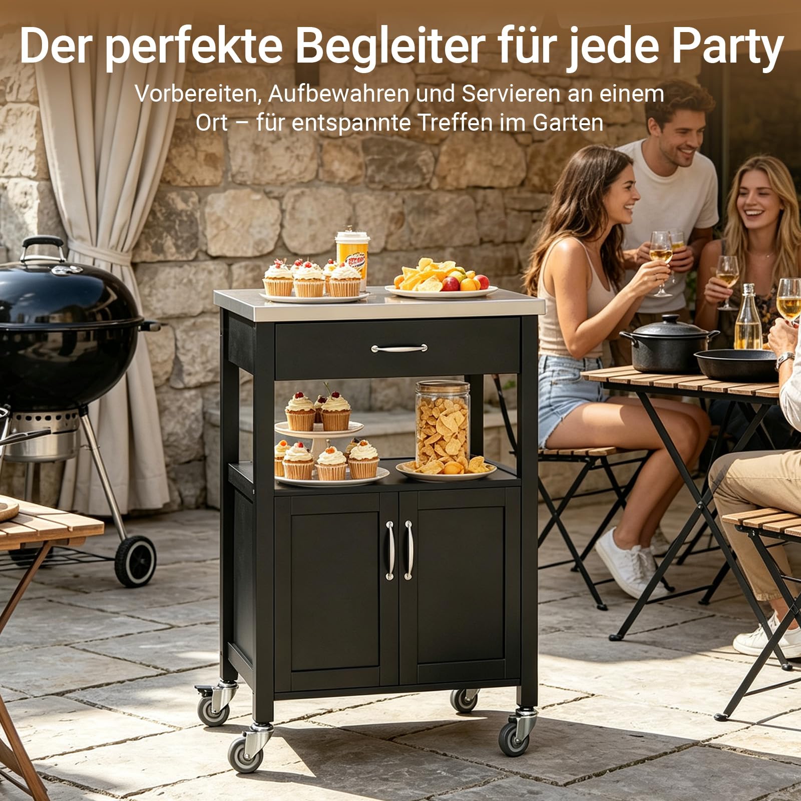 SoBuy Küchenwagen mit Arbeitsplatte – Servierwagen mit Rollen, Rollwagen Küche, Vielseitiger Küchenschrank, Beistelltisch aus Holz, Grillwagen Outdoor & Grilltisch Outdoor Schwarz 60x92x45cm FKW22-SCH