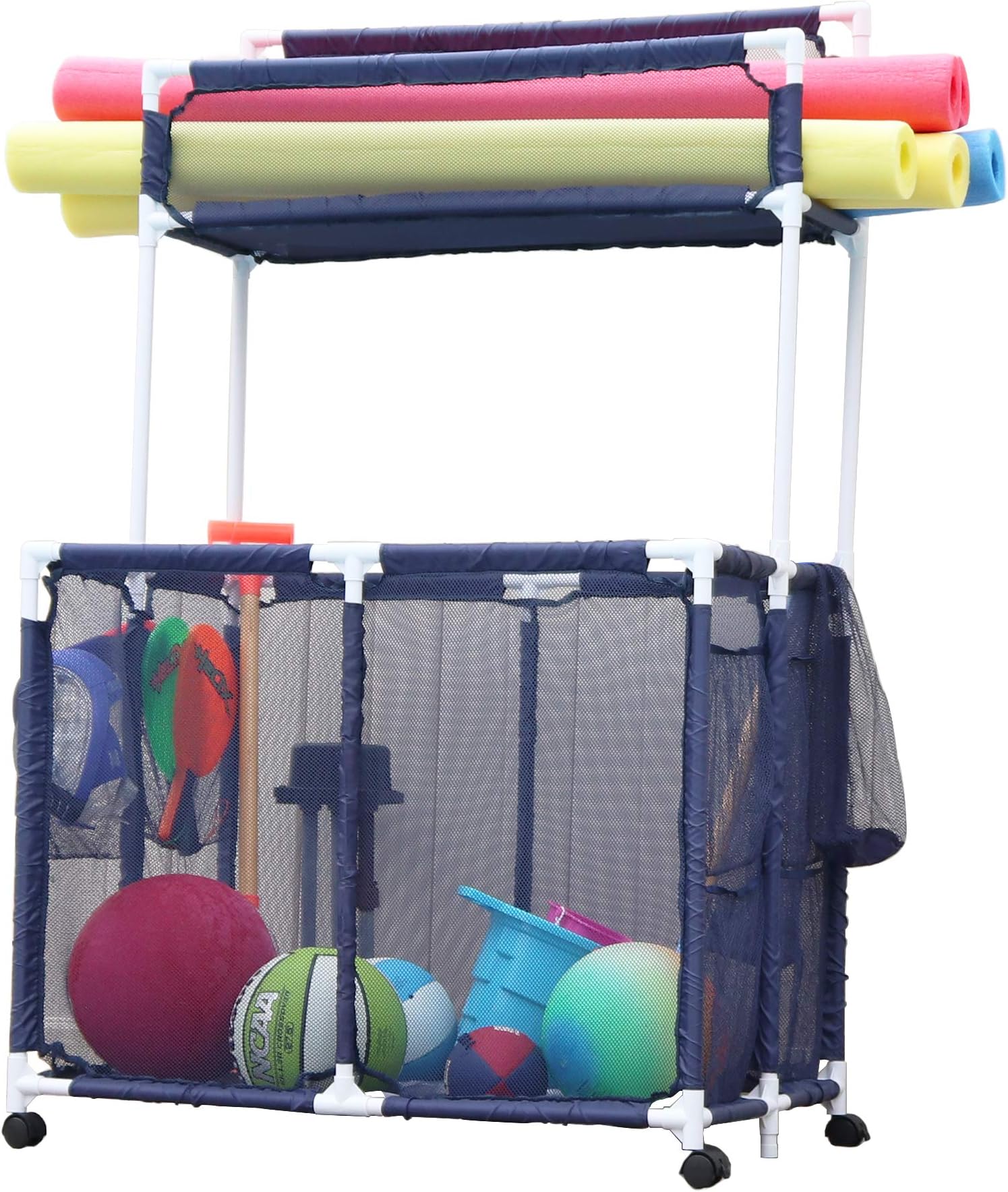 Essentially Yours Pool Storage Equipment Organizer Holder - Noodles, Toys, Balls, Floats Mesh Rolling Double Decker Bin, Large with Noodle Holder, (35.3" W x 23" L x 59.4" H), Blue/White Style 561935
