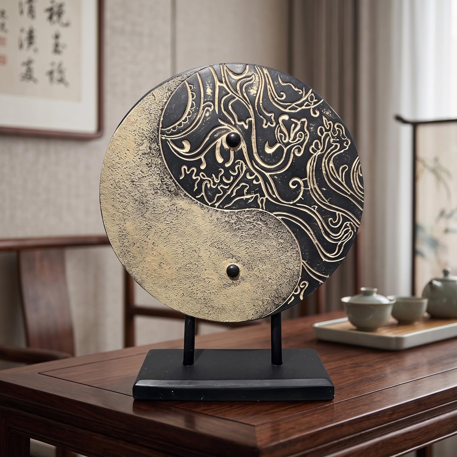 Colcolo Scultura Tai Decorazione da Tavolo Statuetta Yin Yang Arte Contemporanea Resina con Supporti Verticali Base Ebano Stabile Finitura Nera E Dorata