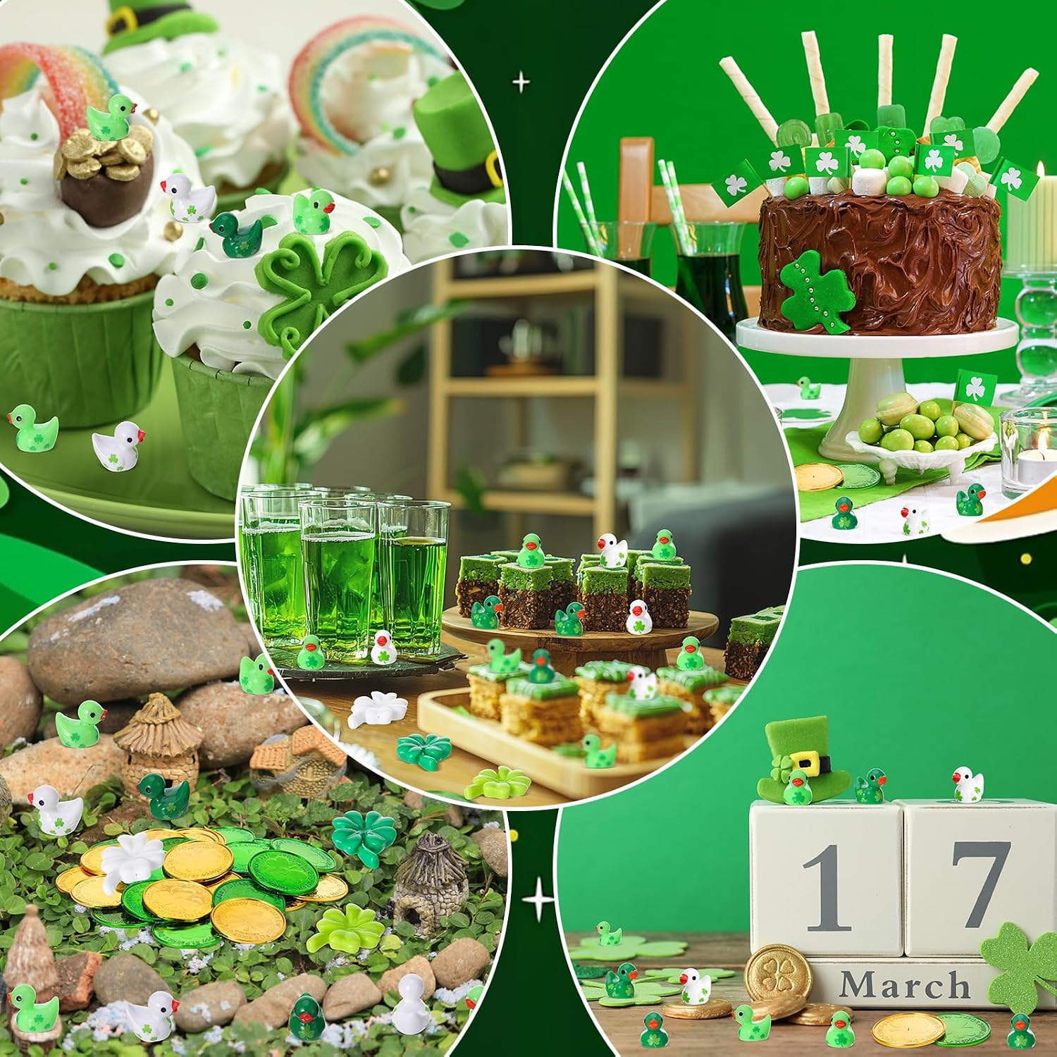 120 Pcs St. Patrick’s Day Miniature Figurines, Green Mini Resin Ducks, Lucky Gold Four-Leaf Clover Figurines for St Patrick’s Day Party Favors Irish Day Accessories (8 Styles)