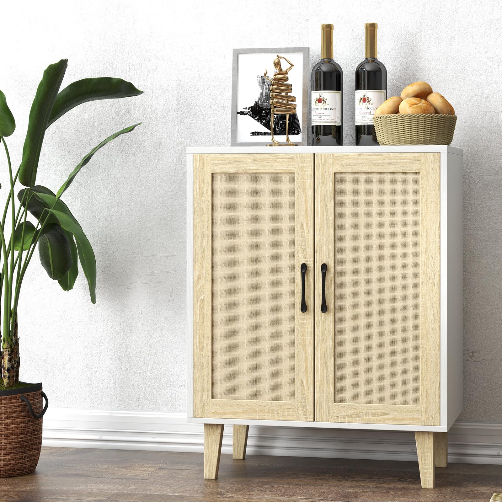 Panana Meuble de Rangement en Rotin et MDF, Buffets Haut Aspect sur Salon, Chambre, 69 x 38 x 88 cm (Blanc et Bois), MEFRSB57