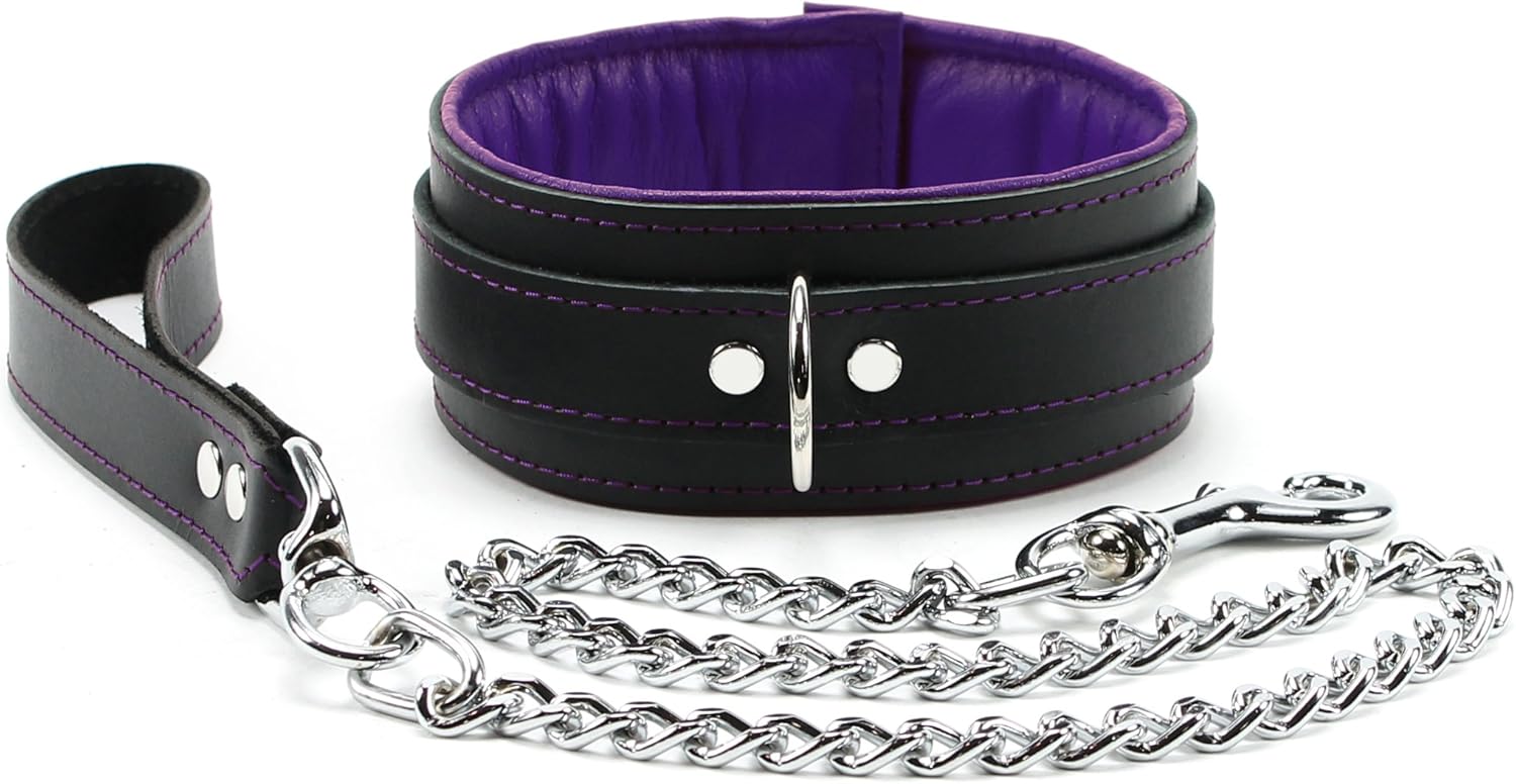 Milan Padded Leather Collar with Leash Top Grain Leather Chain Leash (True Dark Purple, Small)