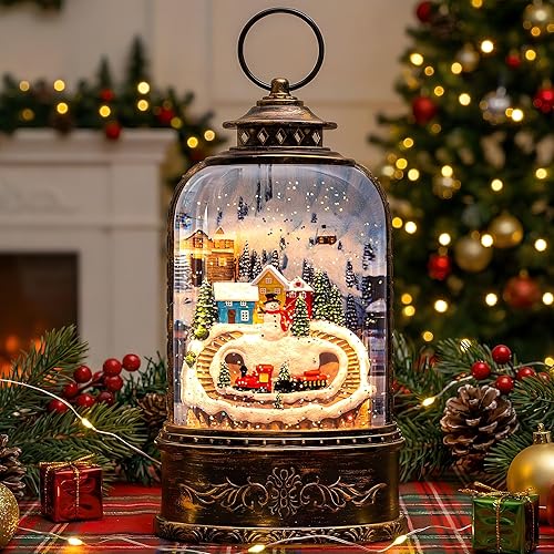 Miniatura 4 de Linterna de Globo de Nieve de Pueblo Navideño Musical Iluminada Pueblo de Montaña Muñeco de Nieve y Tren Linterna de Agua con Purpurina Giratoria,
