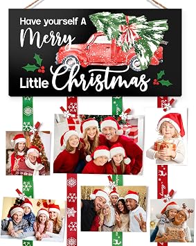 Asoulin Christmas Card Holder Farmhouse Merry Christmas Sign Christmas Card Display Hanging with 30 Photo Clips Photo Holder Picture Frames Collage Wall Decor Picture Board, Holiday Housewarming Gift