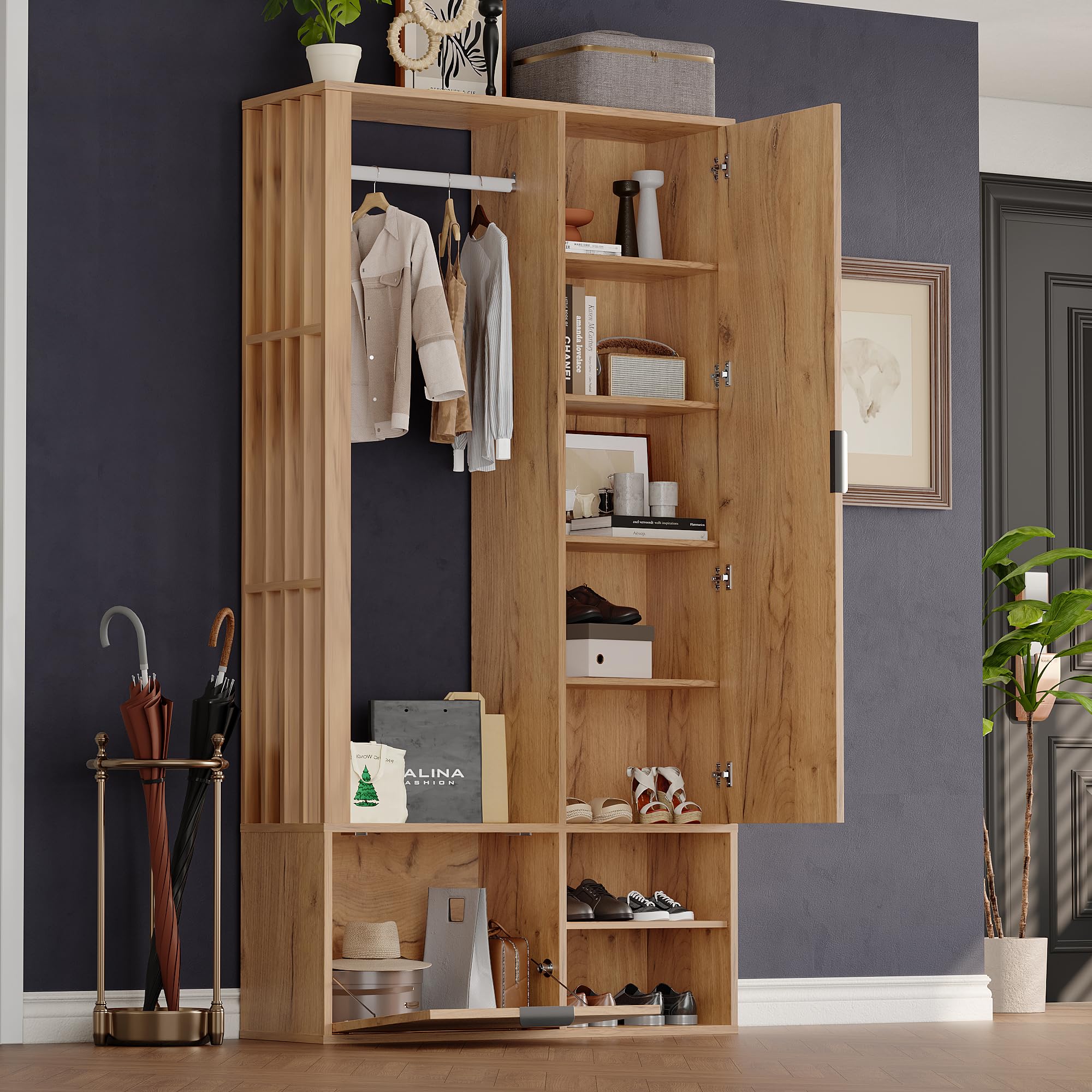 Merax - Armoire de couloir moderne 100x33x190 cm – Meuble de couloir 6-en-1 avec miroir, armoire à chaussures, porte-vêtements ouvert, étagère et banc – Armoire en bois pour l'entrée et le couloir