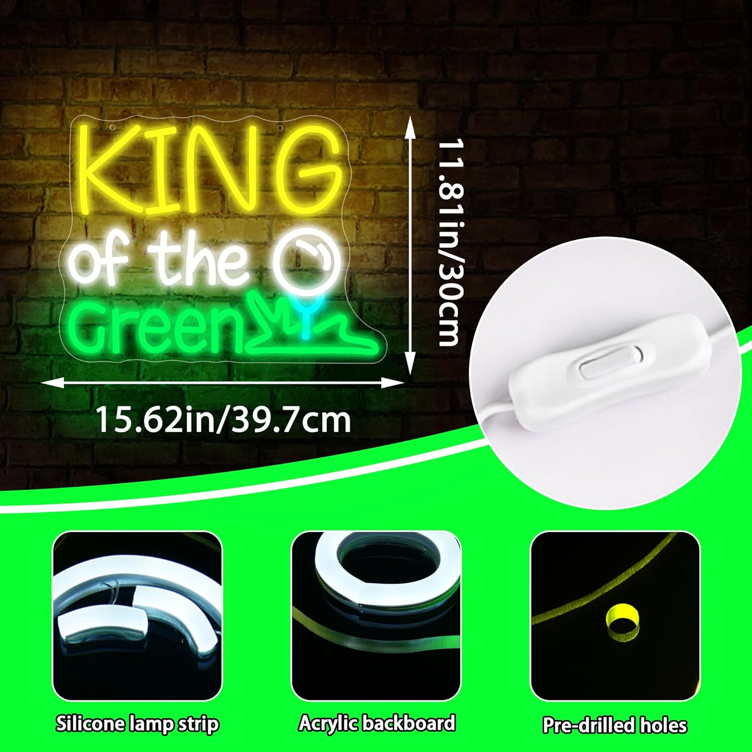 King of The Green Neon Sign for Wall Decor Golf Neon Light for Man Cave Dimmable LED Light Up Sign for Golf Course Gym Club Bedroom Park Party Club Decor Birthday Gifts Size15.6 * 11.8In(WZCP143)