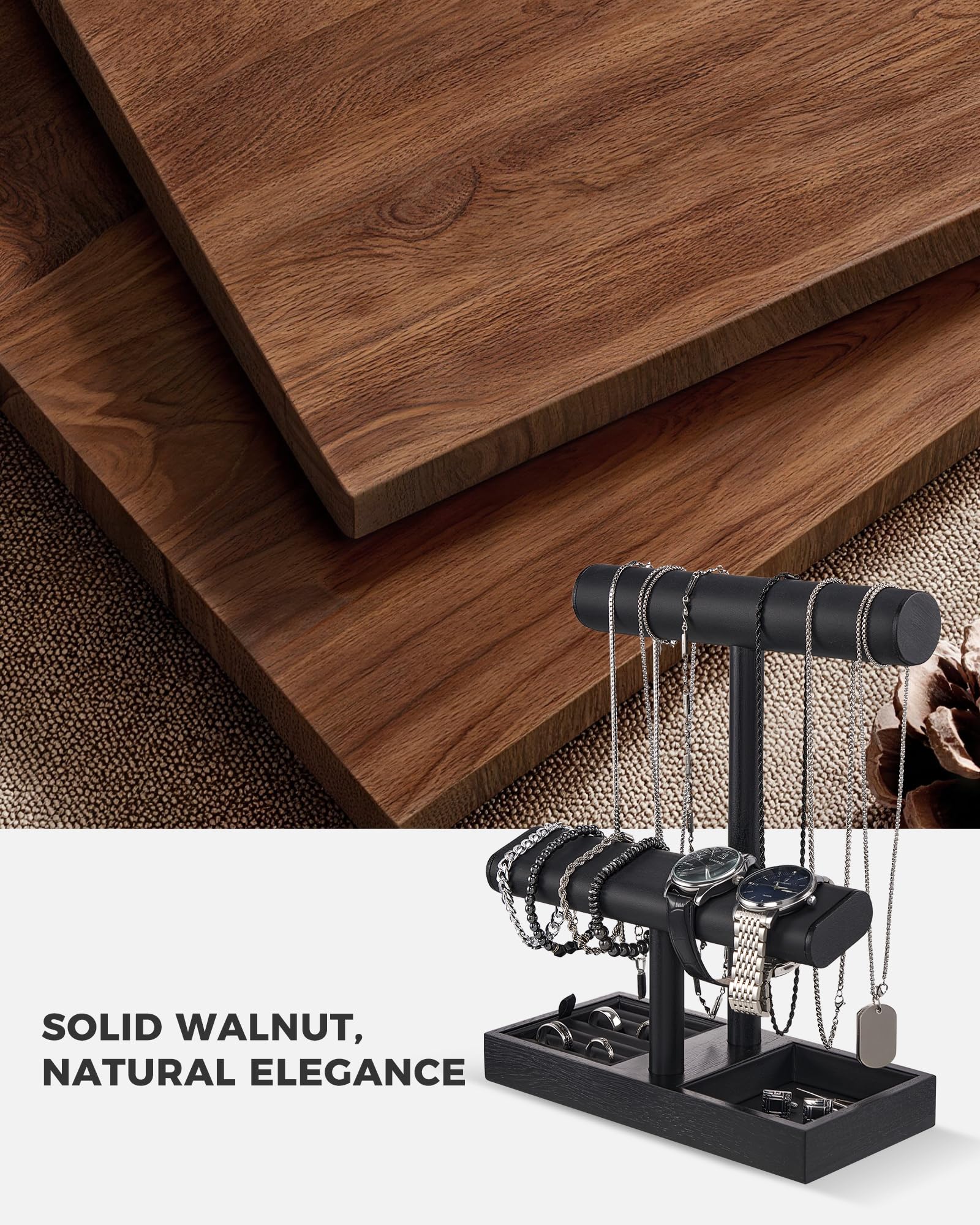 Soporte para Relojes para Hombre, Regalo para él, papá, Novio, Estante de exhibición de Joyas de Madera, Organizador para Collares, Pulseras y Anillos - Negro