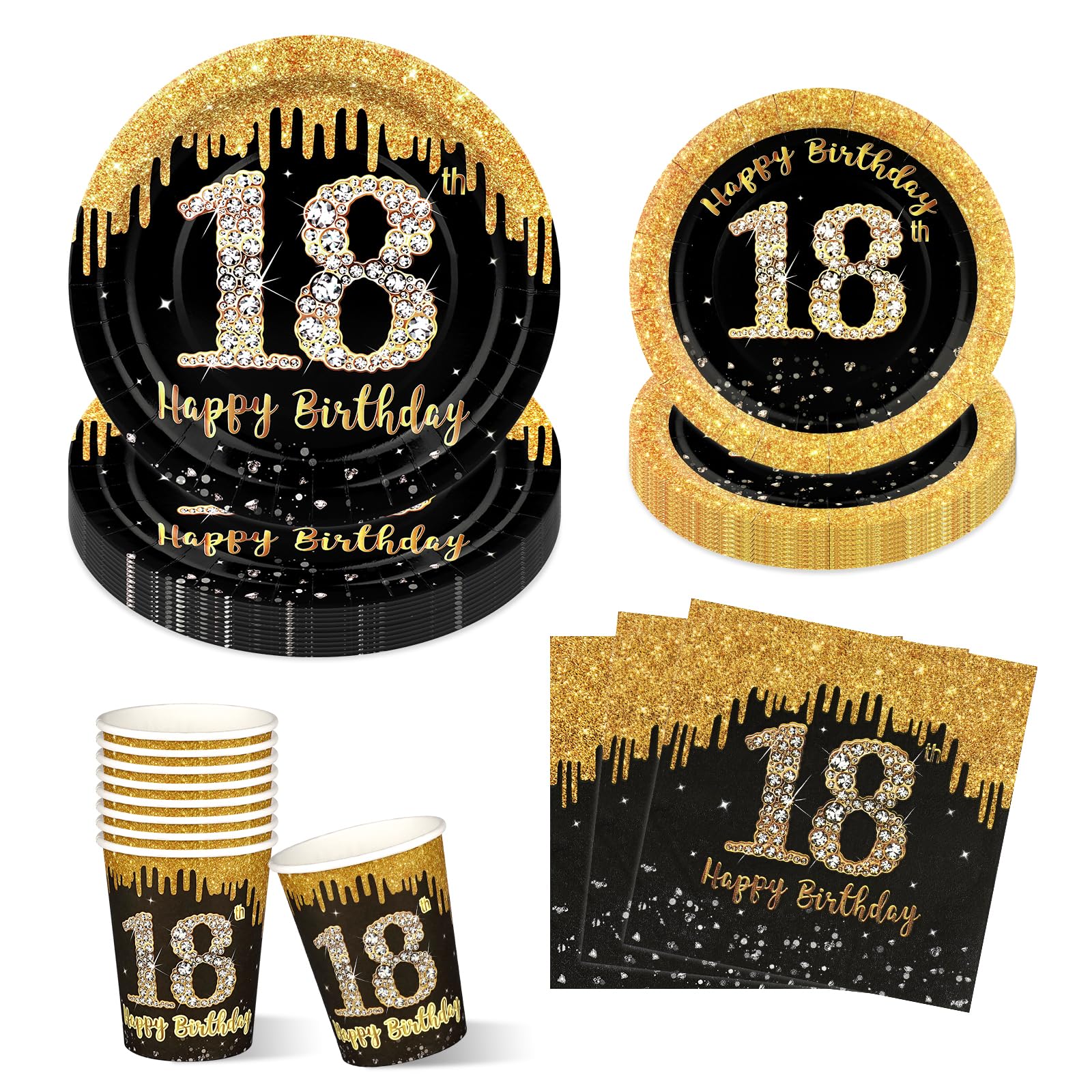 LAWALEISHE 18th Birthday Paper Plates 7" and 9", 100 PCS Black Gold Glitter Disposable Paper Plates Cups and Napkins, Party Tableware Set Serves 25 Guests for 18th Birthday Decorations