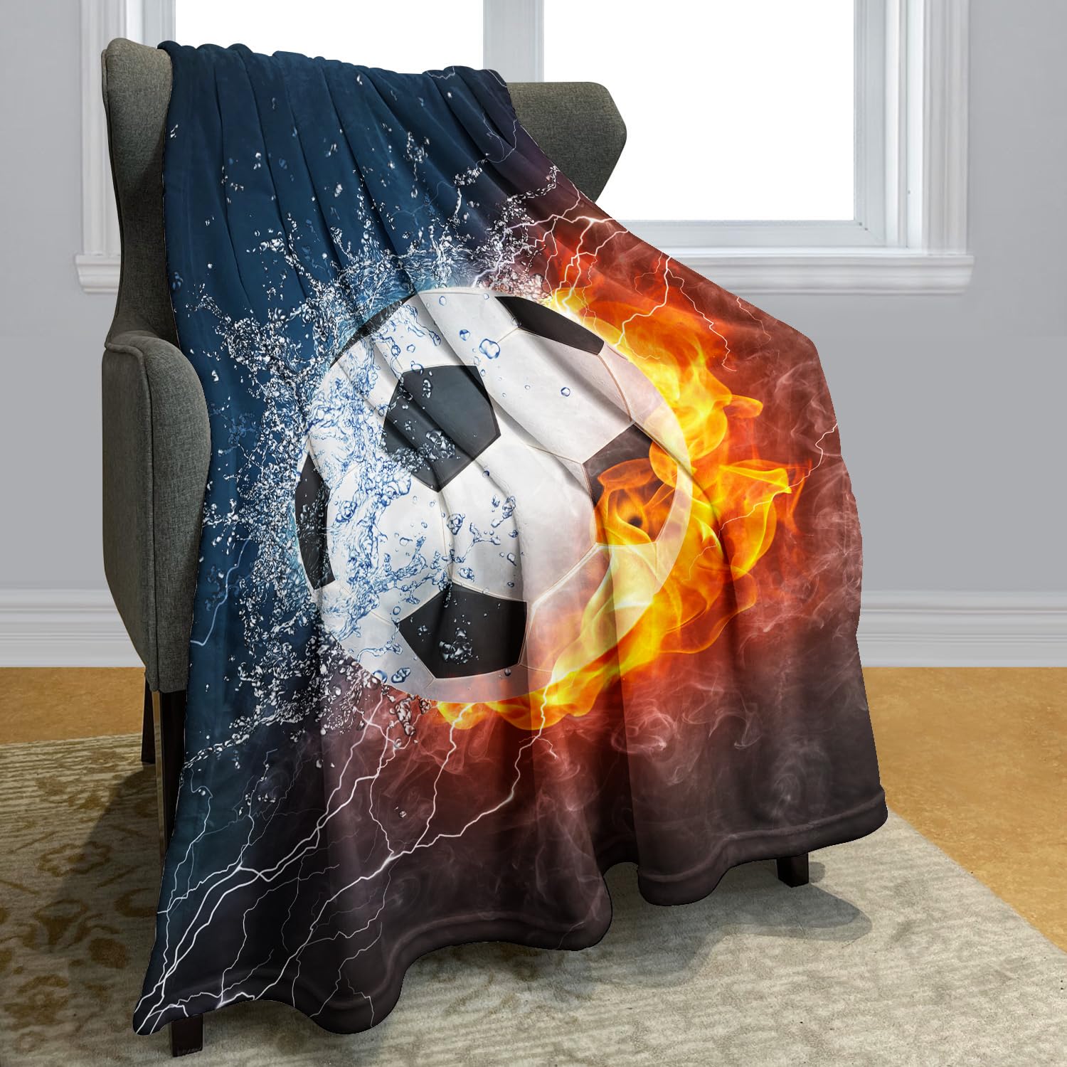 YISUMEI Decke 150x200 cm Kuscheldecken Sanft Flanell Weich Fleecedecke BettüberwurfSport-Serie Soccer Fußball Feuer Blitz