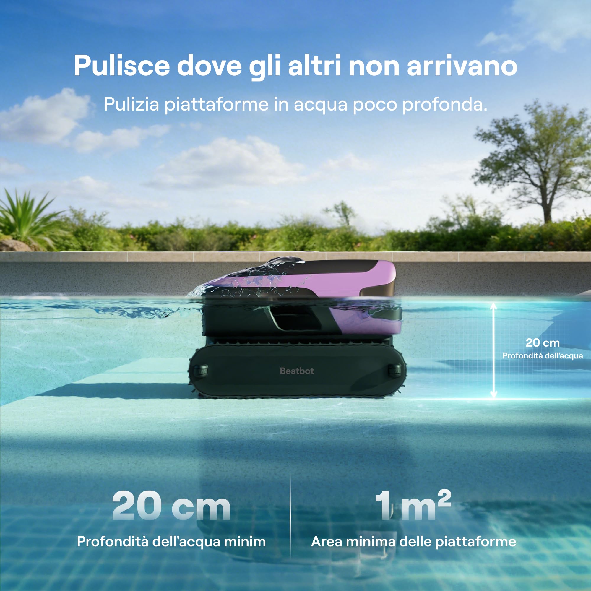 Beatbot Sora 70 Robot Piscina 4 e 1: pareti e Fondo,Superficie,Glicine | Pareti e fondo, superficie e linea di galleggiamento, senza fili, parcheggio in superficie,App,Piscine Fuori Terra/interrate