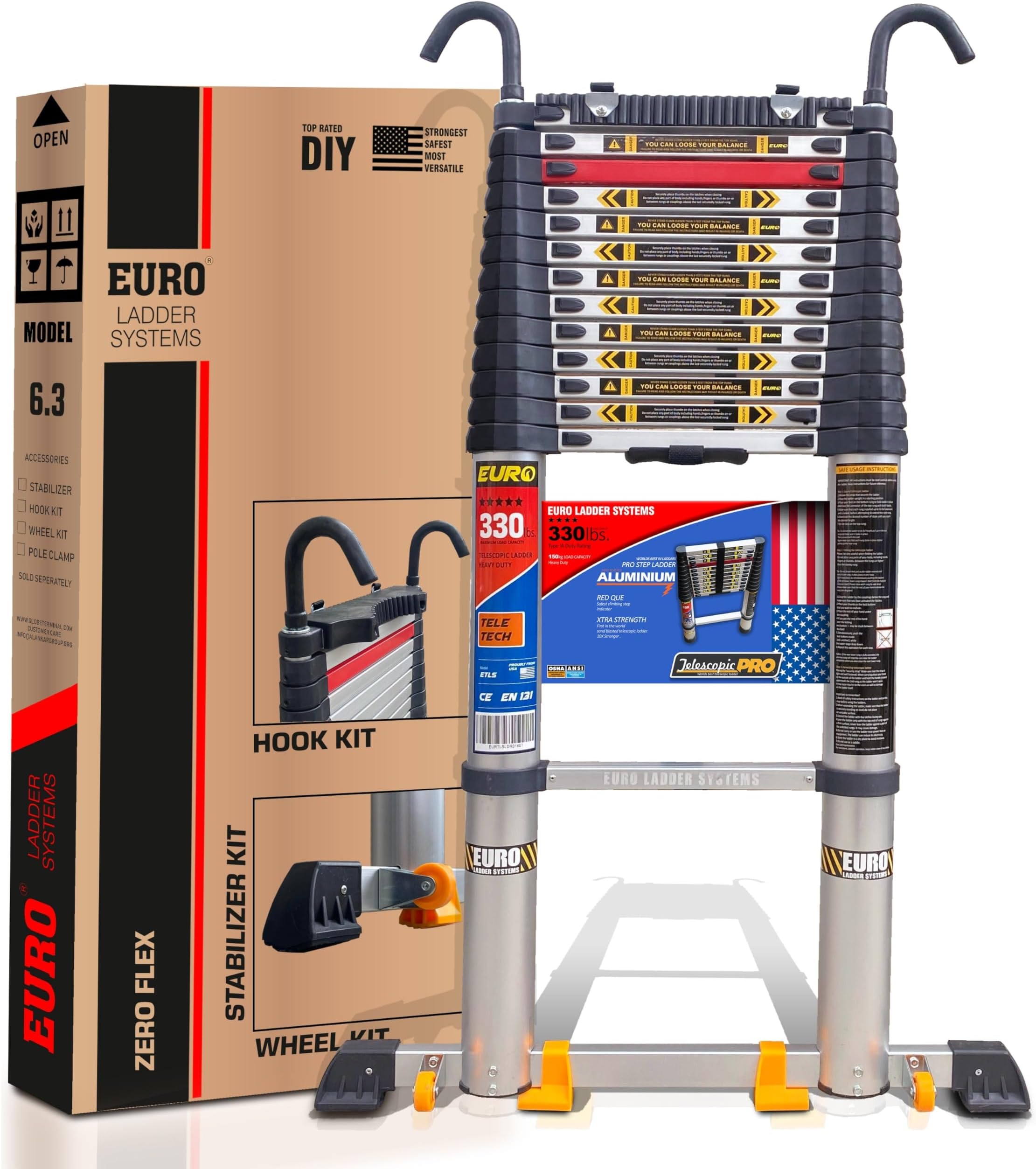 Euro Ladder Systems Pro Telescopic Ladder 5.2 Meter (17.3 ft) - Stores at 3.6 ft - Zero Flex Technology (Rock Solid)- Red Que Safe Step - Stabilizer,Anti Skid feet & Wheel Kit