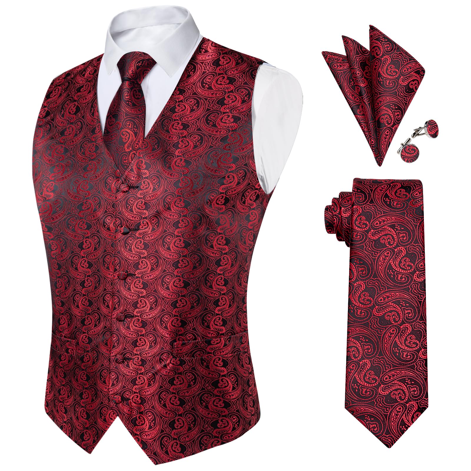 DiBanGu Mens Paisley Vest Silk Sleeveless Suit Vest and Neck Tie Pocket Square Cufflinks Set for Wedding Formal