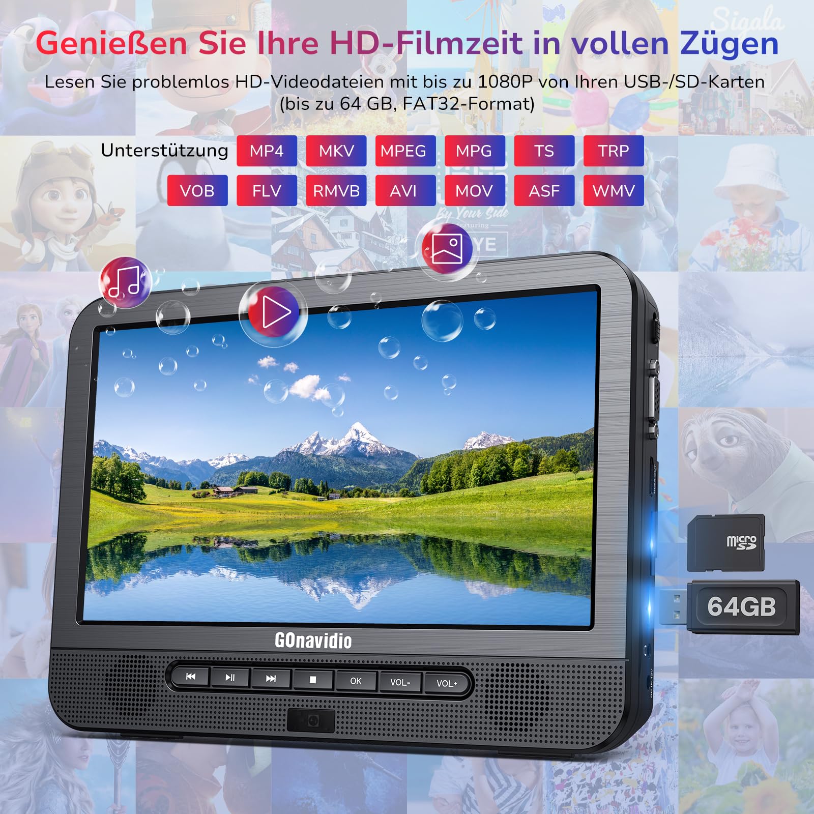 GOnavidio Blu Ray DVD Player Auto 2 Bildschirme 10,5" Mit 5 Stunden Akku HDMI-Ausgang, tragbarer Bluray DVD Player Auto Fernseher, Surround-Sound Effekt Mit AV IN- und AV Out-Funktion