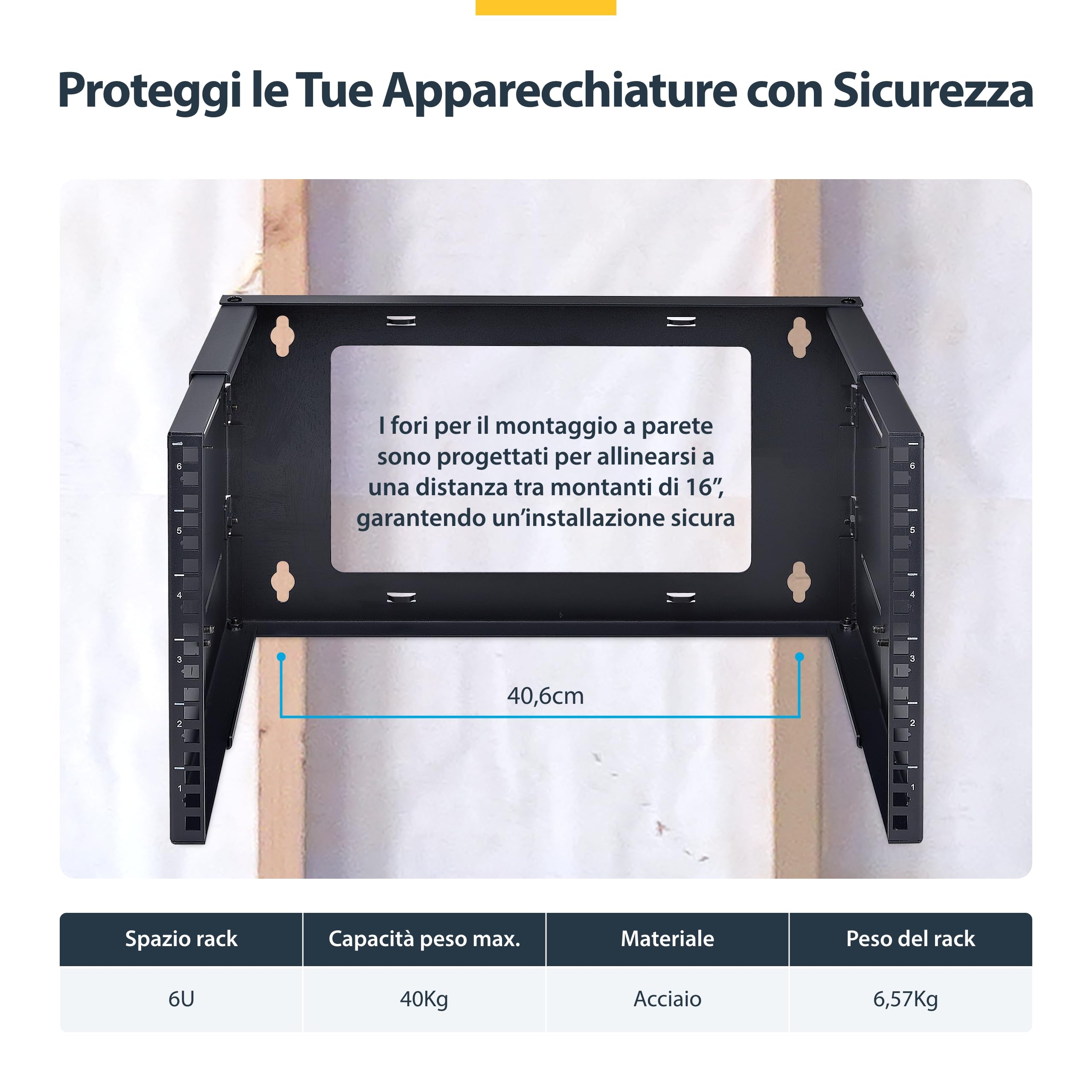 StarTech.com Staffa Rack 19" 6U a Parete, Rack a Telaio Aperto con 2 Montanti e Profondità Regolabile fino a 40cm, Max 40kg