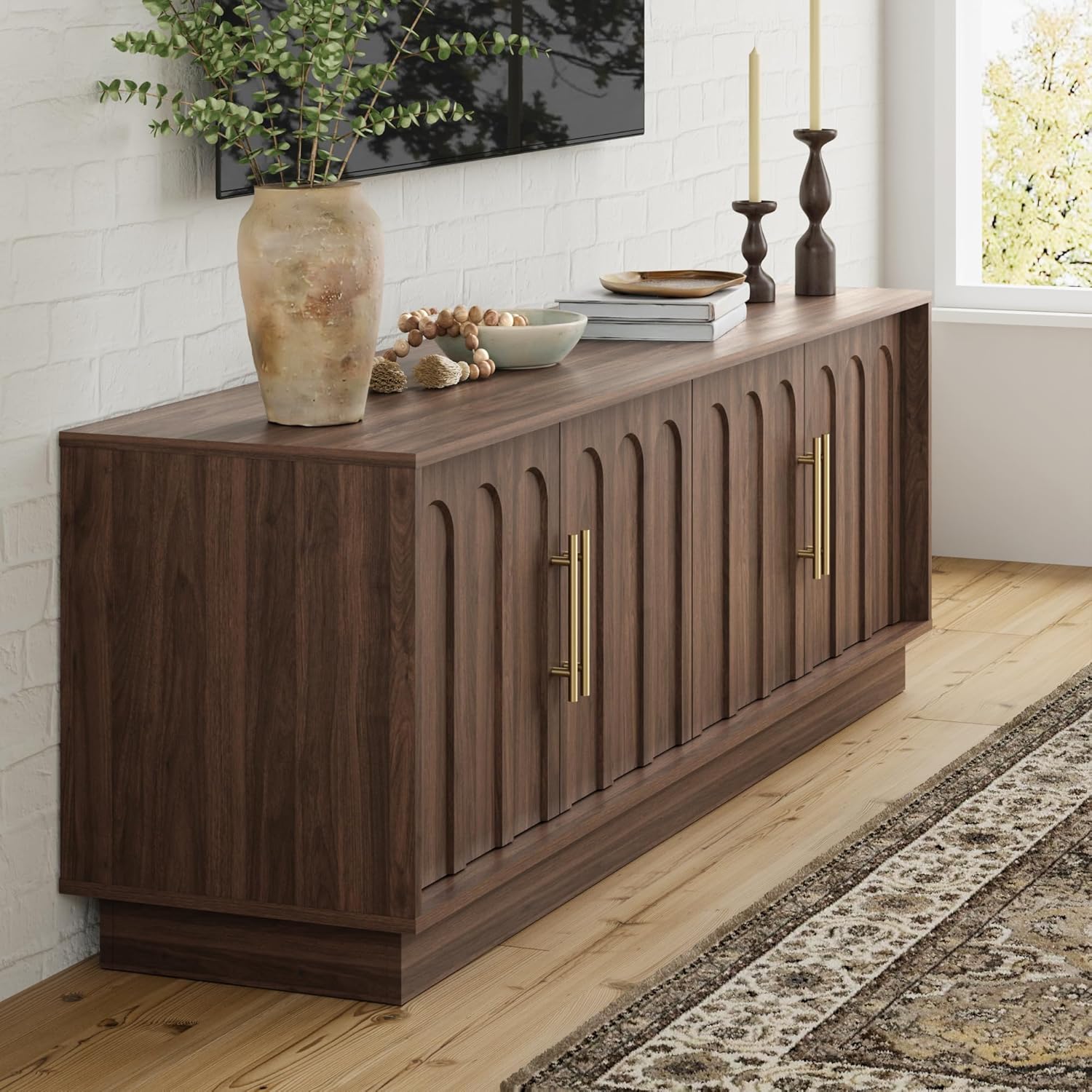 TV Stand for 75 Inch TV, Mid Century Modern TV Stand with Arched Design, Wood Grain Finish, Media Console with Adjustable Shelves, 67" Entertainment Center for Living Room Bedroom, Walnut