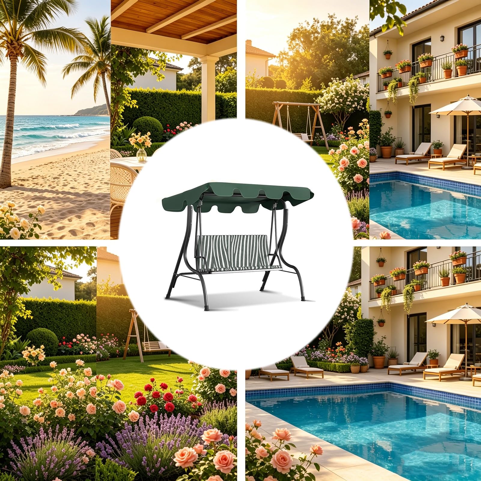 Auvent de Rechange 210 x 145 cm pour Balançoire Extérieur, Toit de Remplacement de Balancelle Jardin 3 Places Imperméable Anti-UV pour Patio(Black)