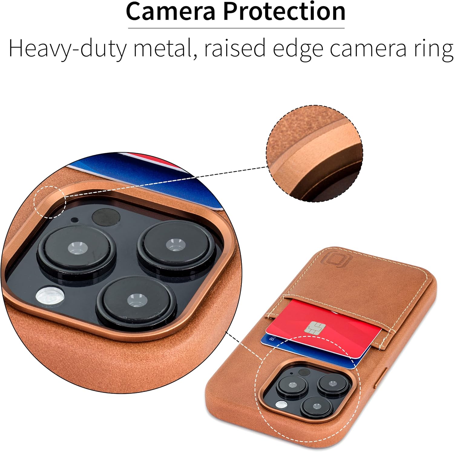 Dockem Genuine Leather Card Case for iPhone 14 Pro with Built-in Metal Plate for Magnetic Mounting, Stitched-on Wallet with 2 Holder Slots (Light Brown, M2GL)