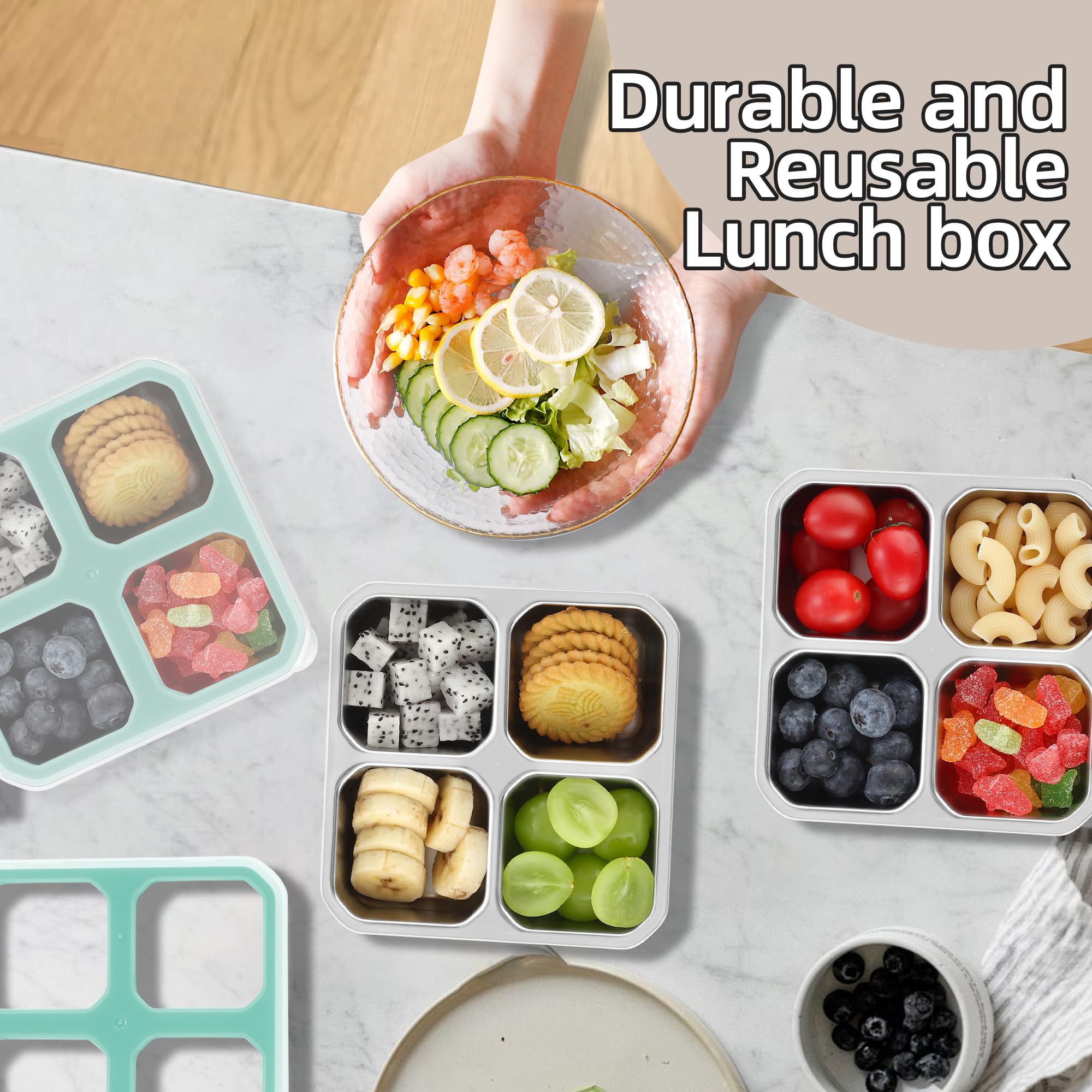 Misichao Snackbox mit 4 Fächern Edelstahl, 400ml Snackdose für Kinder & Erwachsene, Wiederverwendbare Lunchbox Bento Box mit Fächern für Schule, Arbeit & Camping